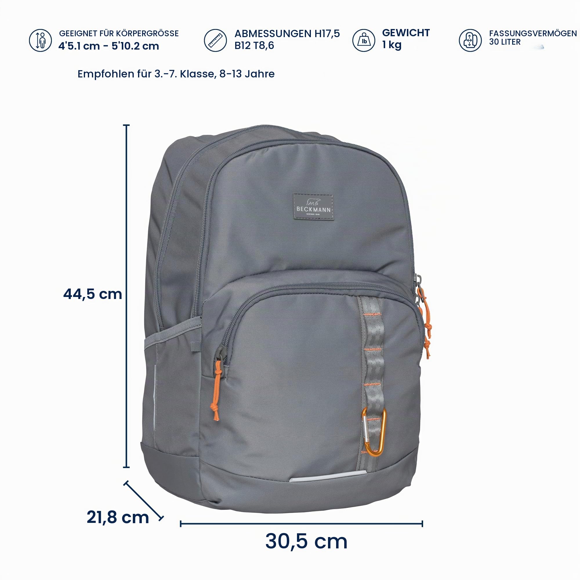 Beckmann, Sport Junior Schulrucksack, Sekundarschule ab 3-7. Klasse, Regenschutz inklusive, 30 l