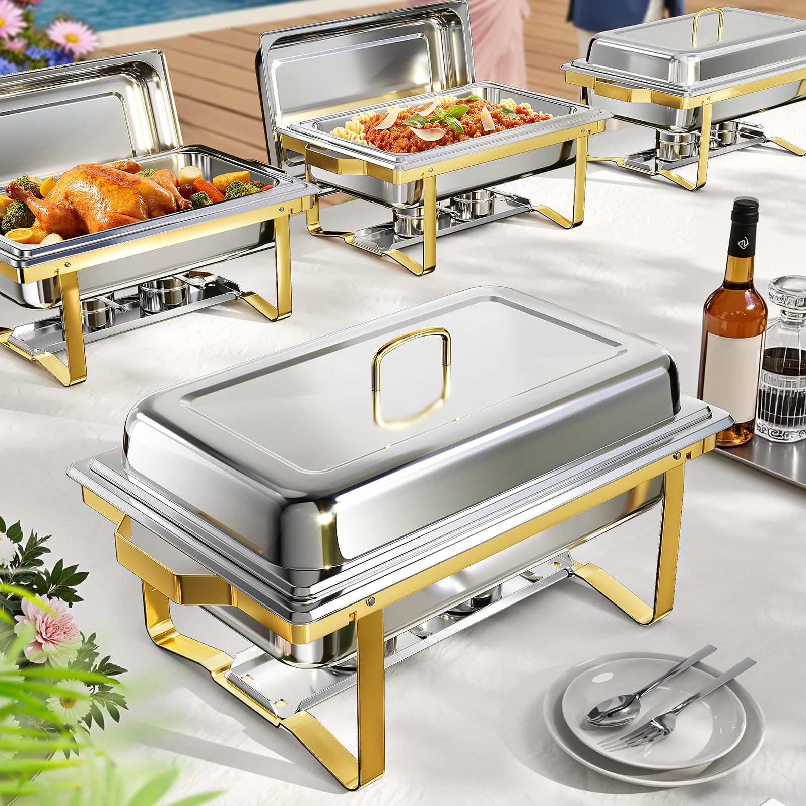Chafing Dishes for Buffet 4 Pack, 9QT Chafing Dish High Grade Stainless Steel Chafer Complete Set,Steel Handle, Catering Events Complete Buffet Warmer