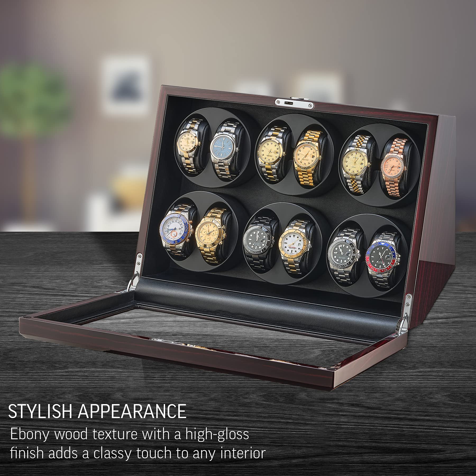12 Watch Winder for Automatic Watches with Motor-Stop and Battery Option (Ebony)