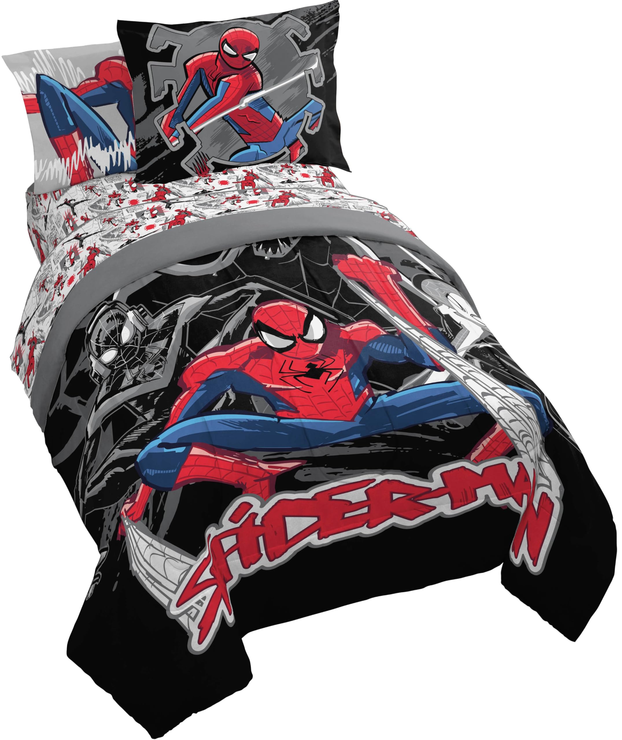 jay franco kids comforter set includes sheets and pillow covers - soft and cozy bed set for stylish room decor, black - spiderman, 5 piece twin bedding