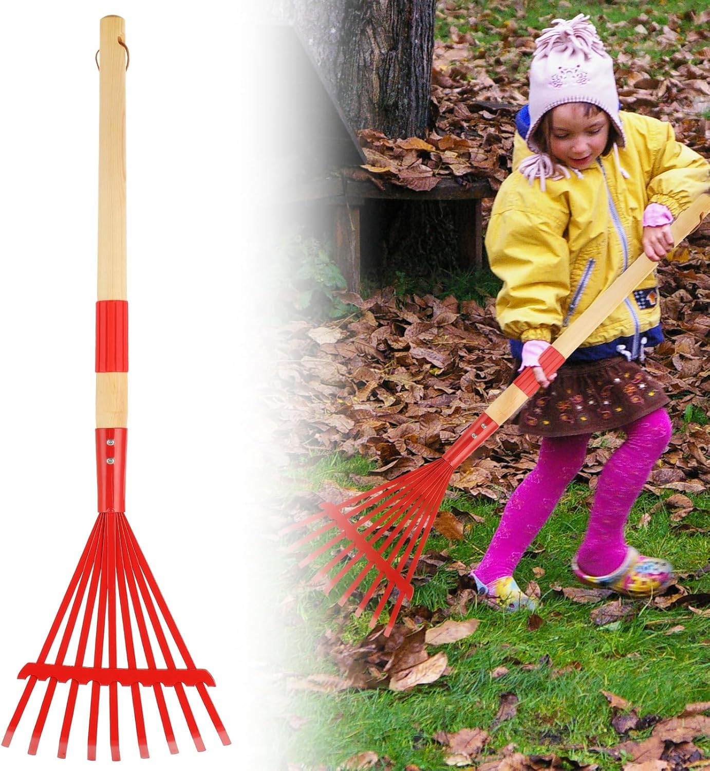 3Pcs Kids Rakes with Hardwood Handle - Metal Kids Leaves Rakes, 28" Child Size Lawn Rakes, Garden Tool Set for Kids Boys and Girls