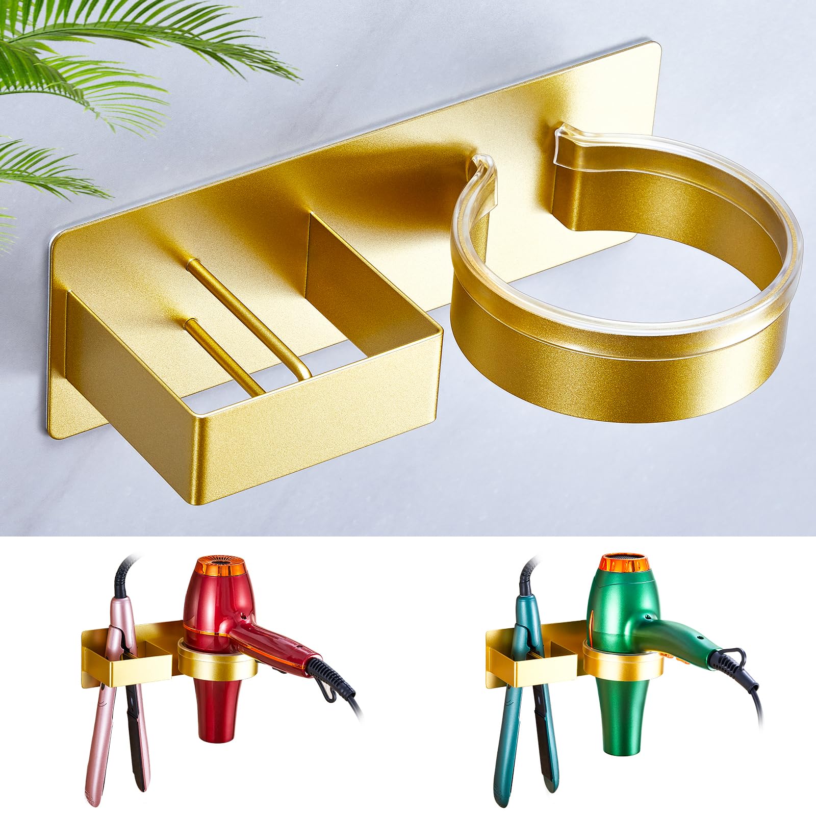 Hair Straightener Holder Wall Mounted Blow Dryer Holder, Blow Dryer and Curling Iron Holder, Bathroom Hair Dryer Straightener Holder, Salon Hair Tools Organizer Storage (Gold)