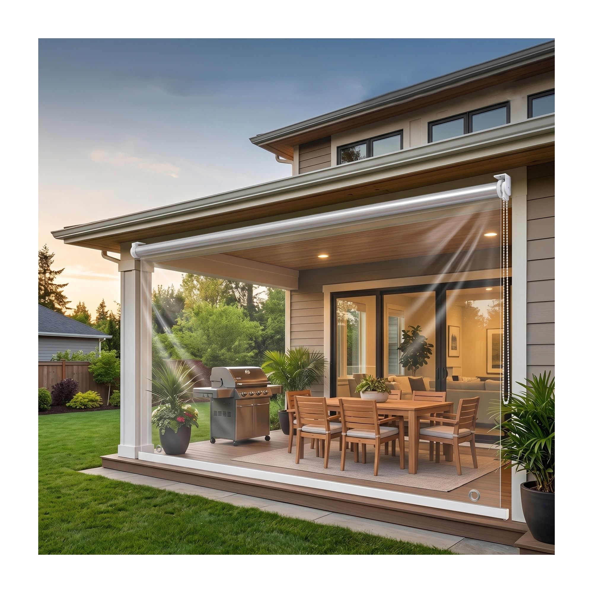 Heavy Duty Clear Windproof Roller Shade， for Balcony Patio ，Transparent PVC Blind & Custom Size， Waterproof Thermal Insulated Soft Vinyl Partition for Outdoor Indoor(W145*H230cm/W57.08*H90.5in)