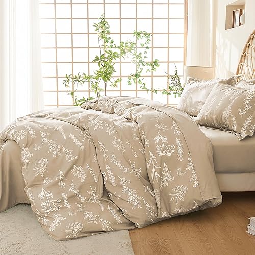 Miniatura 2 de MUXHOMO Juego de funda de edredón tamaño Queen, reversible floral beige con cierre de cremallera, juego de ropa de cama de microfibra suave de 3