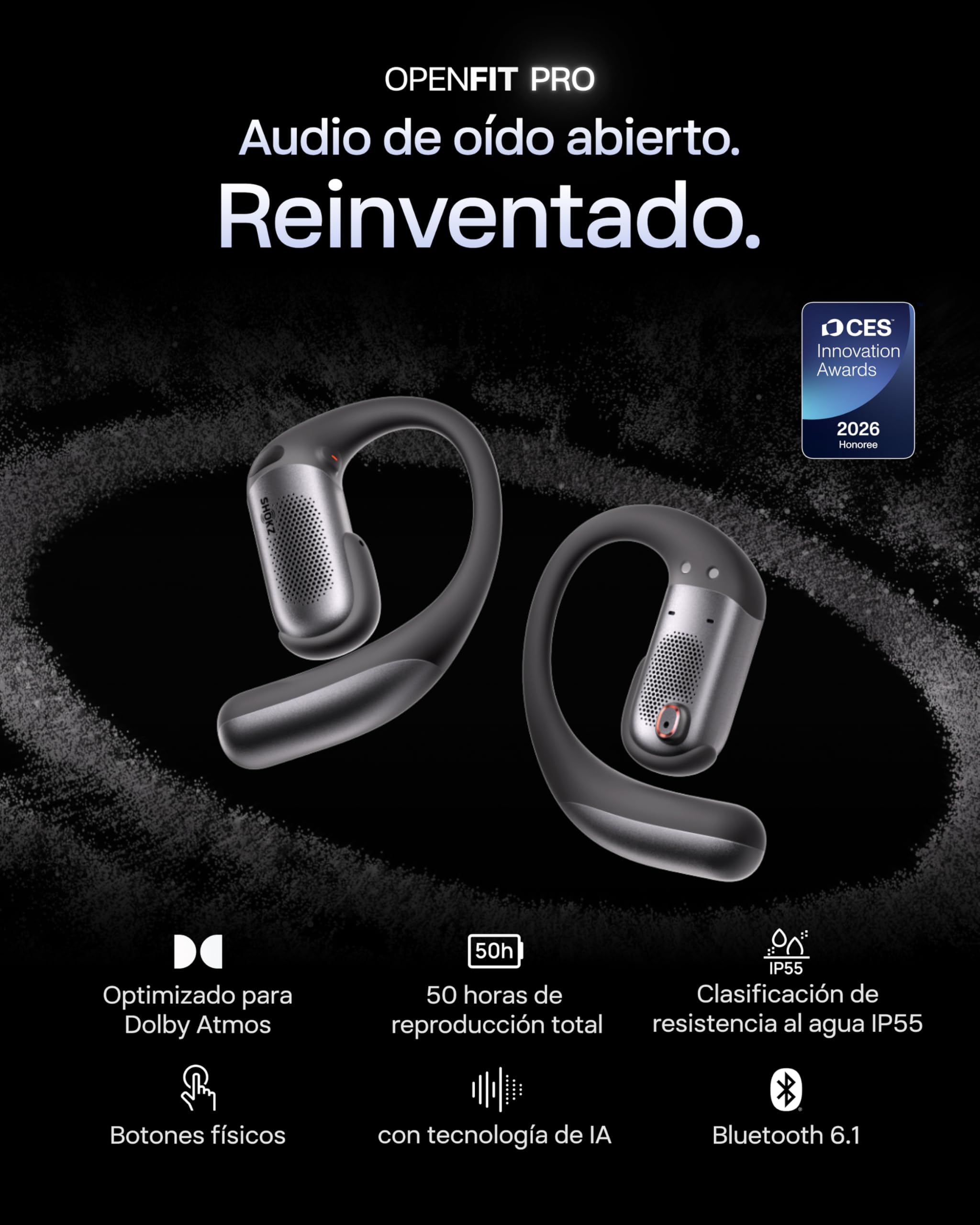 SHOKZ Auriculares inalámbricos Wireless OpenFit Pro, Dolby Atmos, Negro