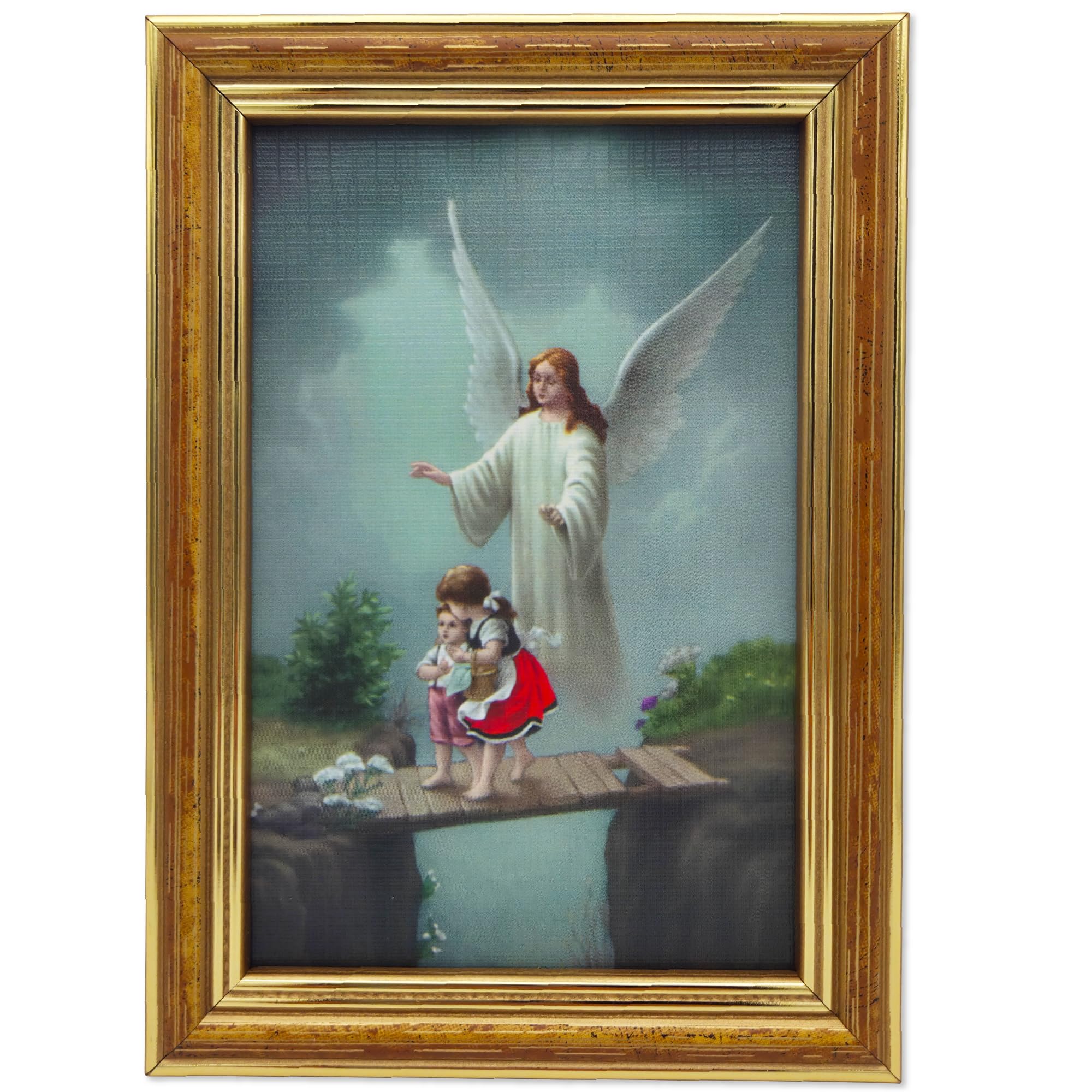 Lunexus Guardian Angel Picture 12 x 17 cm with Wooden Frame & Real Glass - Catholic Blessed - Motif Angel Protects Two Children on Bridge - Wall Picture for Christening Birth Communion Children's Room