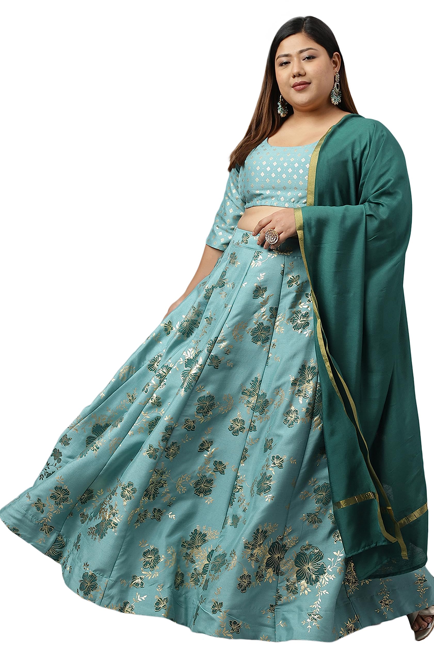 Indian Women's Plus Size Sea Green Poly Silk Foil Printed Lehenga Choli With Dupatta