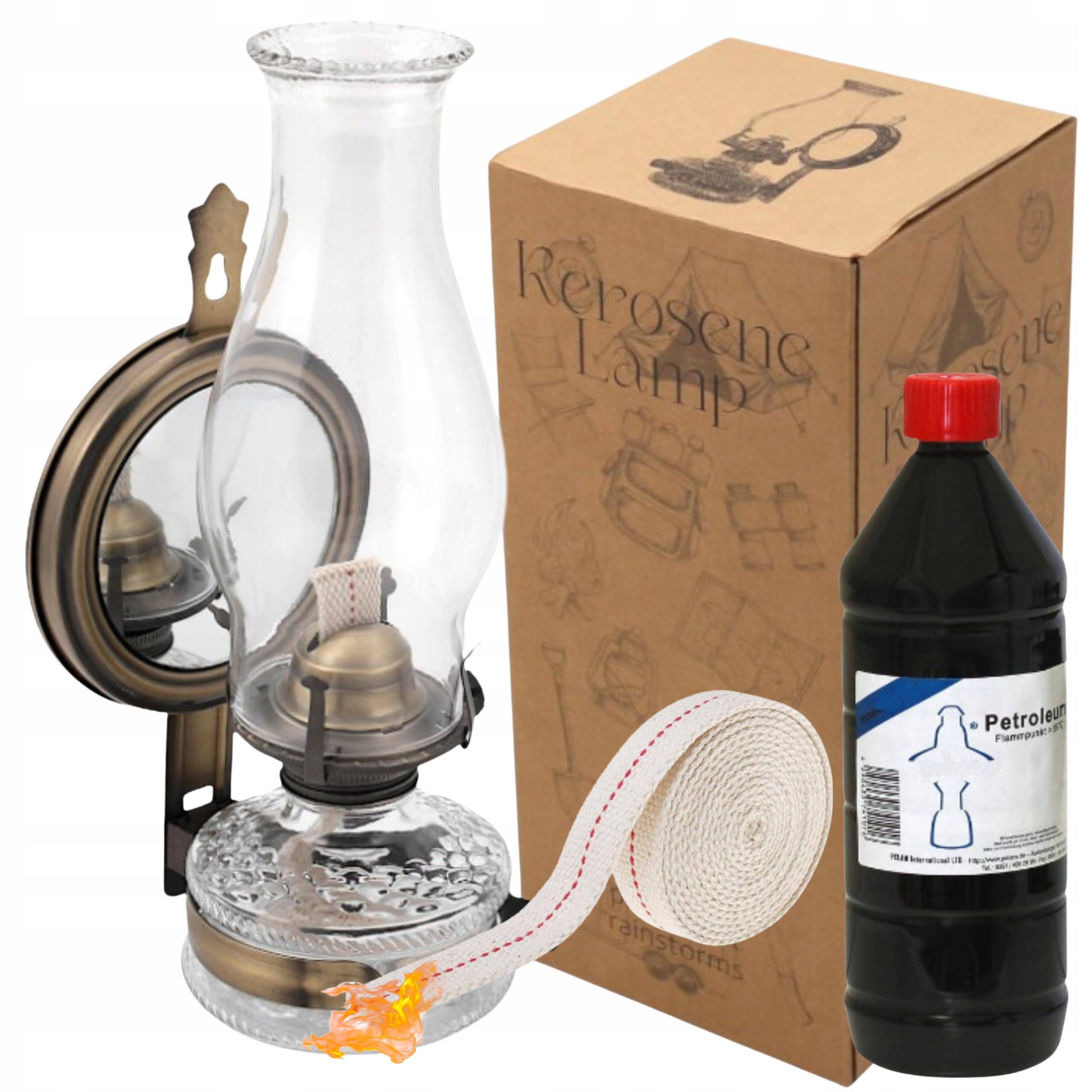 HUW Öllampe Mit Spiegel & Dochthalter SET Zusätlichem Doch & Petroleum Petroleumlampe 31 cm Höhe Sturmlaterne Glaskolben Tischlampe Gartenlampe (LAN331SET)