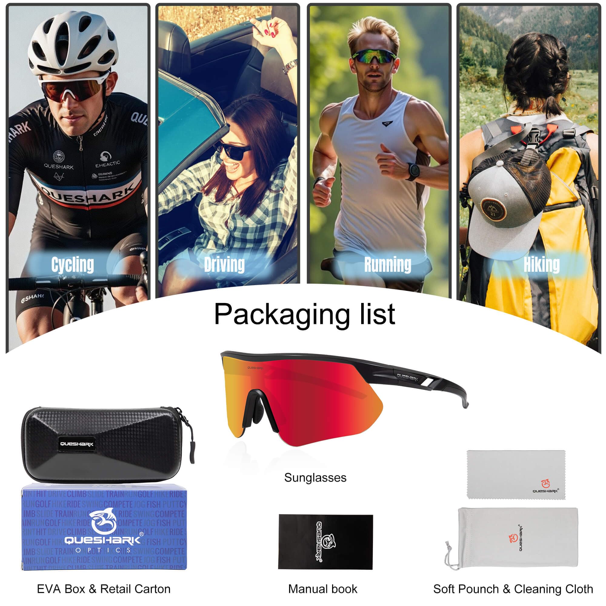 Queshark Occhiali Ciclismo, Occhiali Running Uomo Donna, Occhiali Veloci, TR90 Telaio & Protezione UV400, Occhiali da Sole Sportivi per Ciclismo Corsa Pesca Baseball Sci