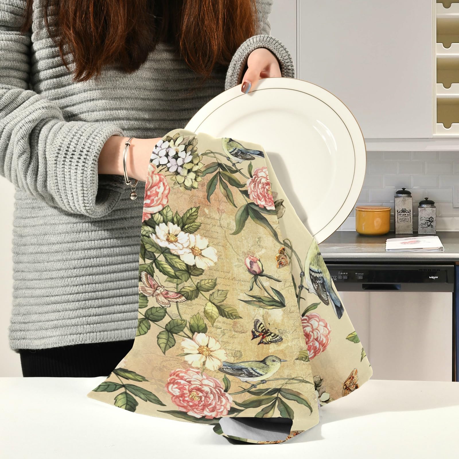 Set di 4 strofinacci da cucina con fiori, rose, farfalle, farfalle, asciugamani da cucina, morbidi e assorbenti, strofinacci per casa, cucina