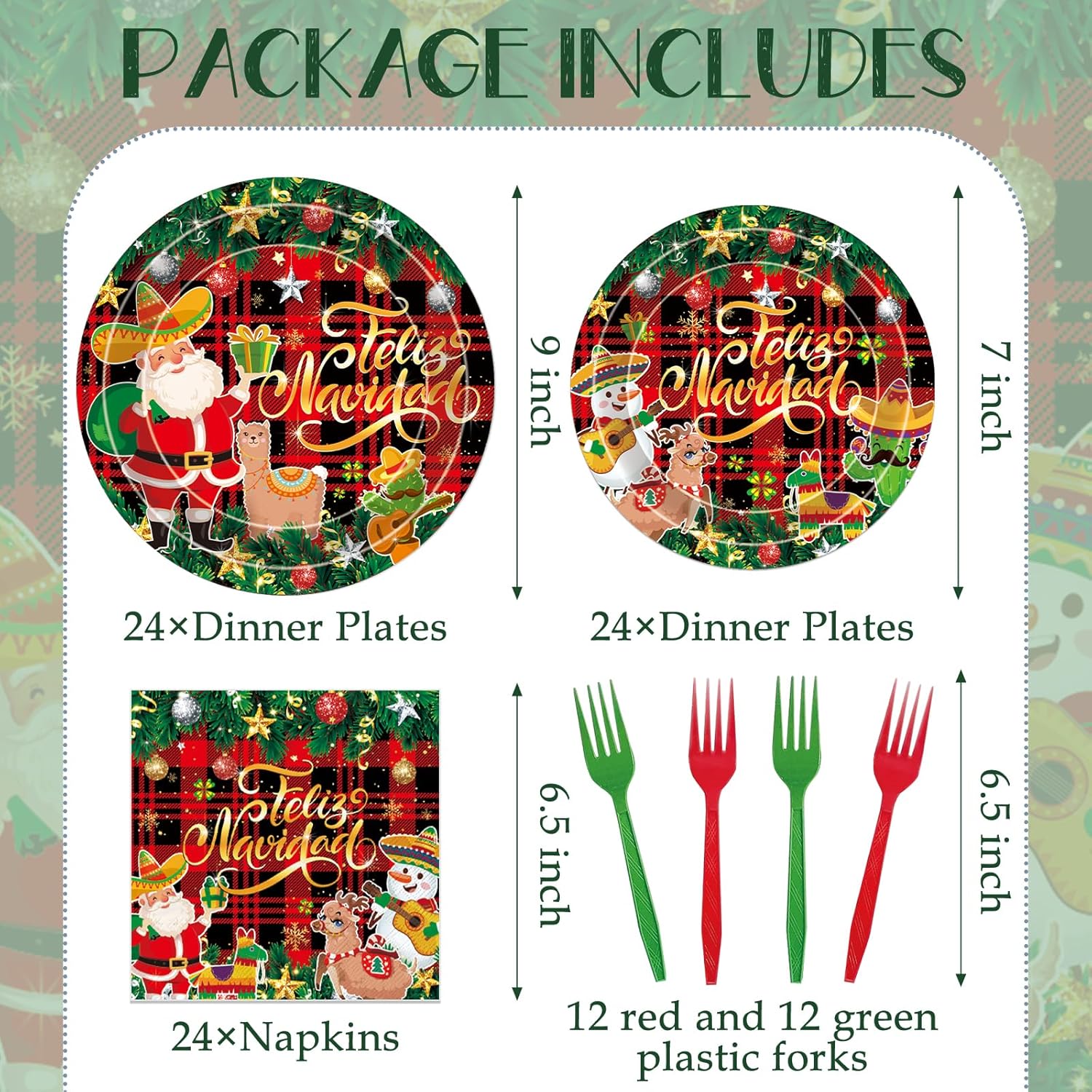 Feliz Navidad Party Decorations - 96 Pcs Mexican Christmas Tableware Set Plates Napkins Forks Disposable, Spanish Christmas Paper Fiesta Santa Taco Decor Supplies for Table Serve 24 Guests