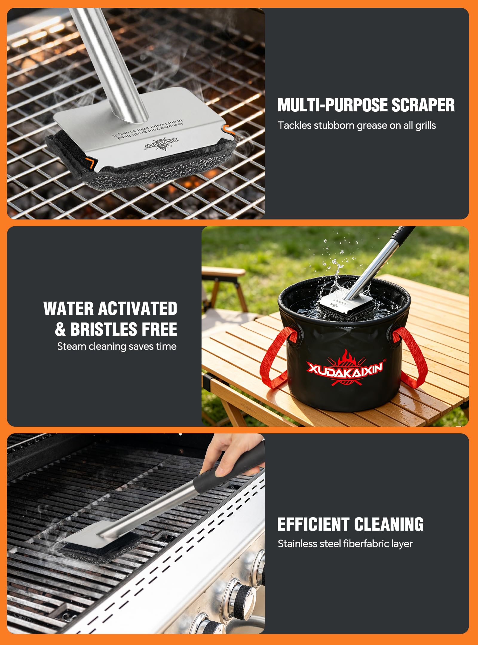 Bristle-Free Steam Grill Brush with 5 Replacement Pads - No Bristle Shedding.Unique Steel Fibers Pads Efficiently Deep Clean All Kinds of Grills A Safe Outdoor Grill Cleaner Gift for Men/Dad