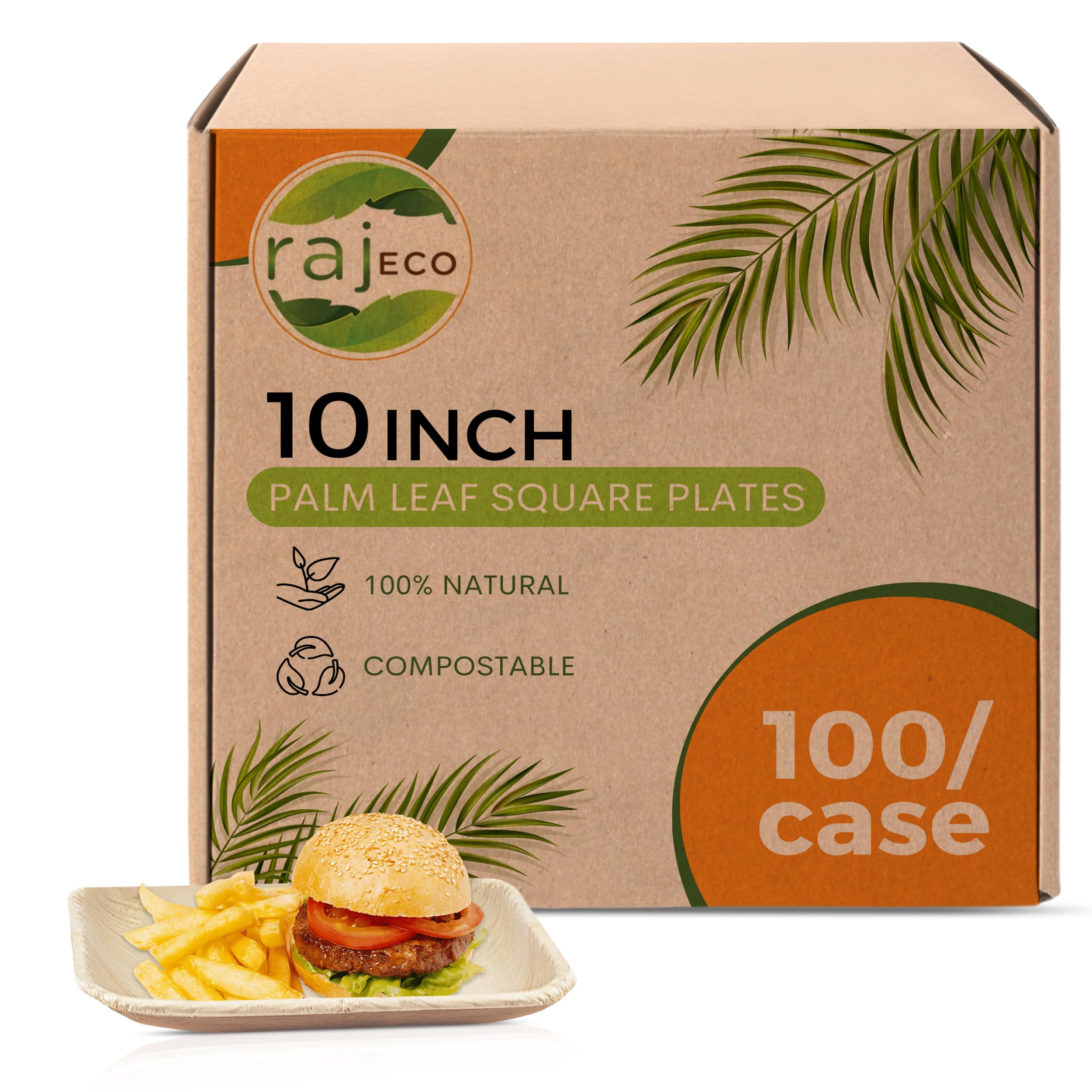 Raj Palm Leaf Plates Bulk [50-Pack] 10" Square Plates (2 CASES - 100 PACK) like Bamboo plates Disposable, Strong, Decorative Compostable Tableware for weddings, Lunch, Dinner, Birthday, Camping