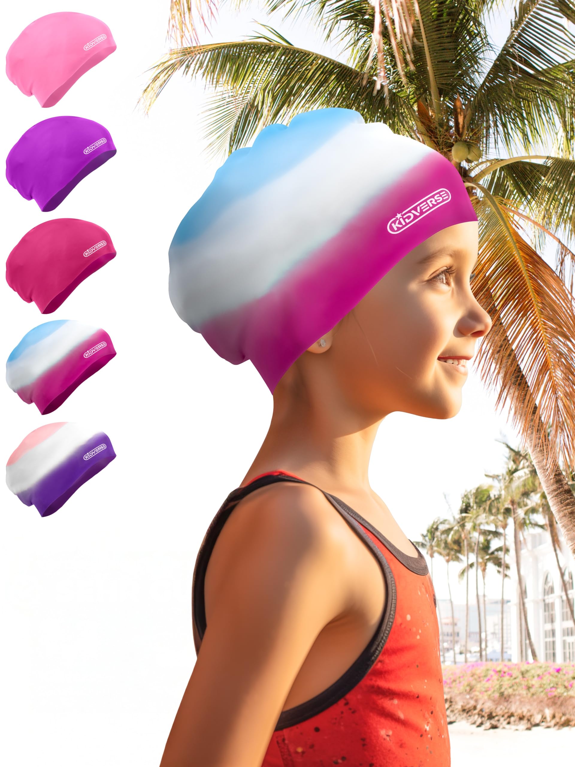 KIDVERSE Badekappe Mädchen - Wasserdichte Badekappe mit Anti-Rutsch-Noppen - Schwimmhaube mit UV-Schutz - 100% Reißfest