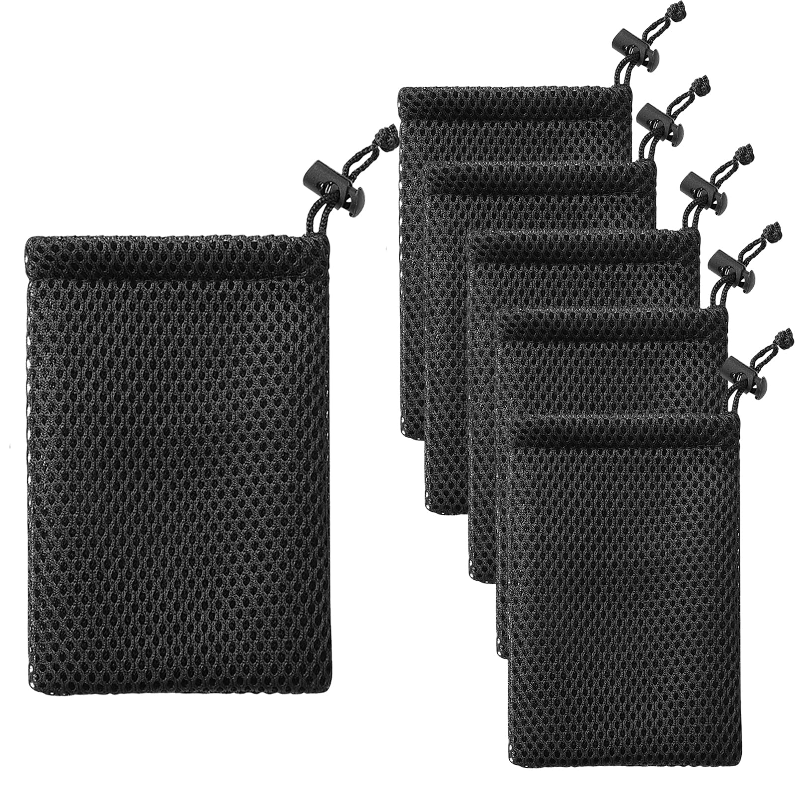 ANMOO 6Pcs Nylon Mesh Drawstring Bags, 5 x 3.5inch Small Pouch String Bag for Mini Stuff MP3 Charger Earphone Key, Pen Pencil Organizer for Lipstick Cosmetic Jewelry, Black