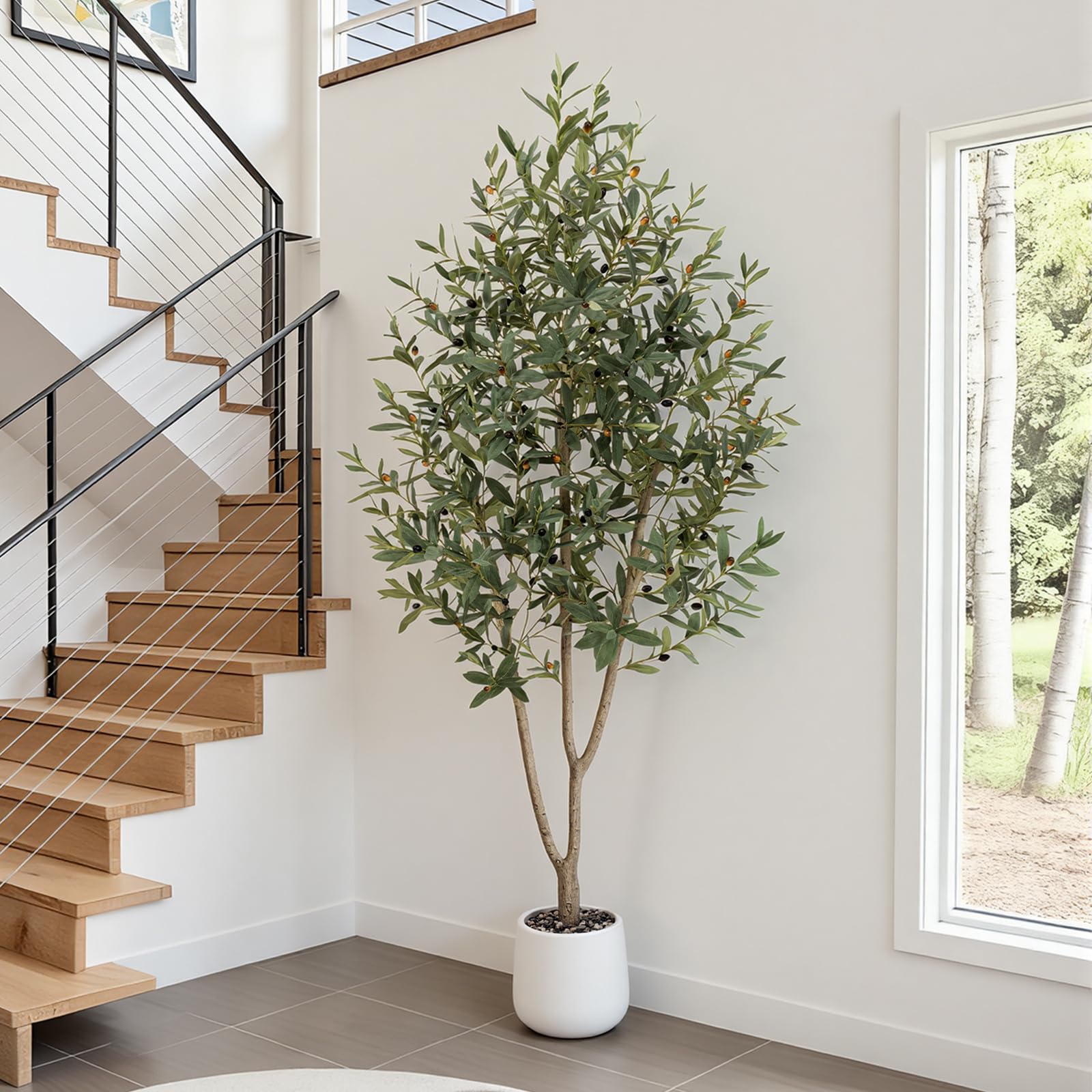olivenbaum künstlich 210cm,kunstpflanzen groß mit Weiß Topf-1230 realistischen Blättern und 41 lebensechten Oliven,künstliche Pflanzen Dekoration ideal für Büros, Wohn und Schlafzimmer.
