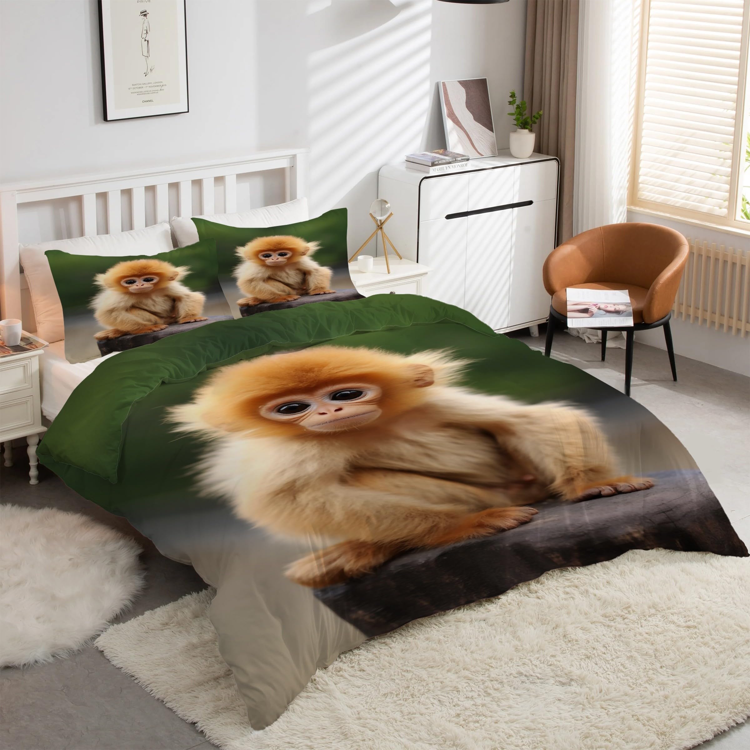 Parure de lit singe doré avec housse de couette 220x240 et 2 taies d'oreiller kK923