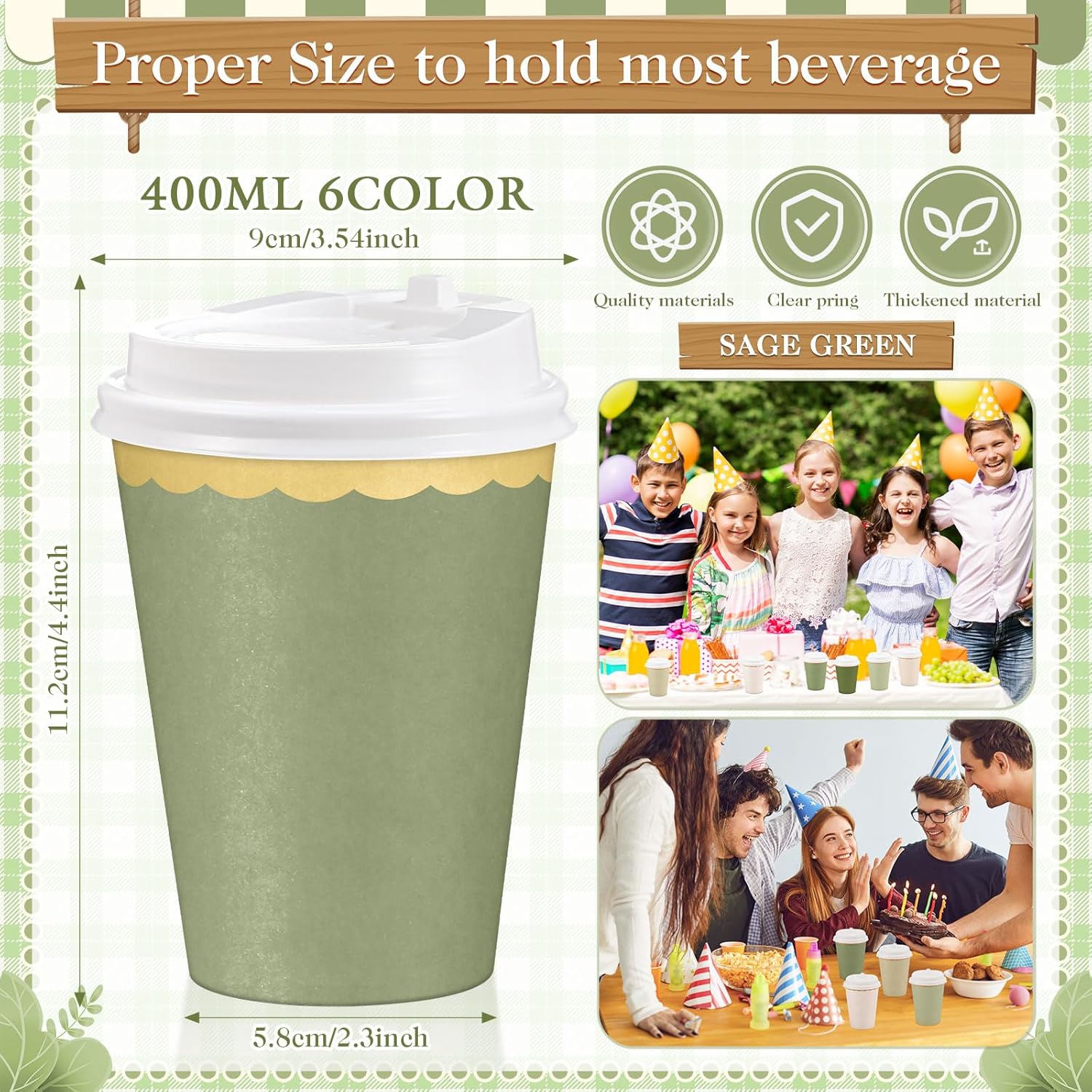 60 Pcs Fall Disposable Paper Cups with Lids 12oz Thanksgiving Coffee Cups with Golden Lace Drinkware for Birthday Baby Shower Bride Holiday Party Business Events DIY Supplies(Sage Green) - Image 3