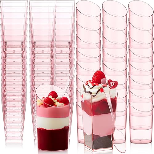 Miniatura 8 de Nuogo 100 Piezas Mini Tazas de Postre con Cucharas 3 oz Cuadradas y 2.5 oz Inclinadas Redondas Pequeñas de Plástico Transparente para Parfait