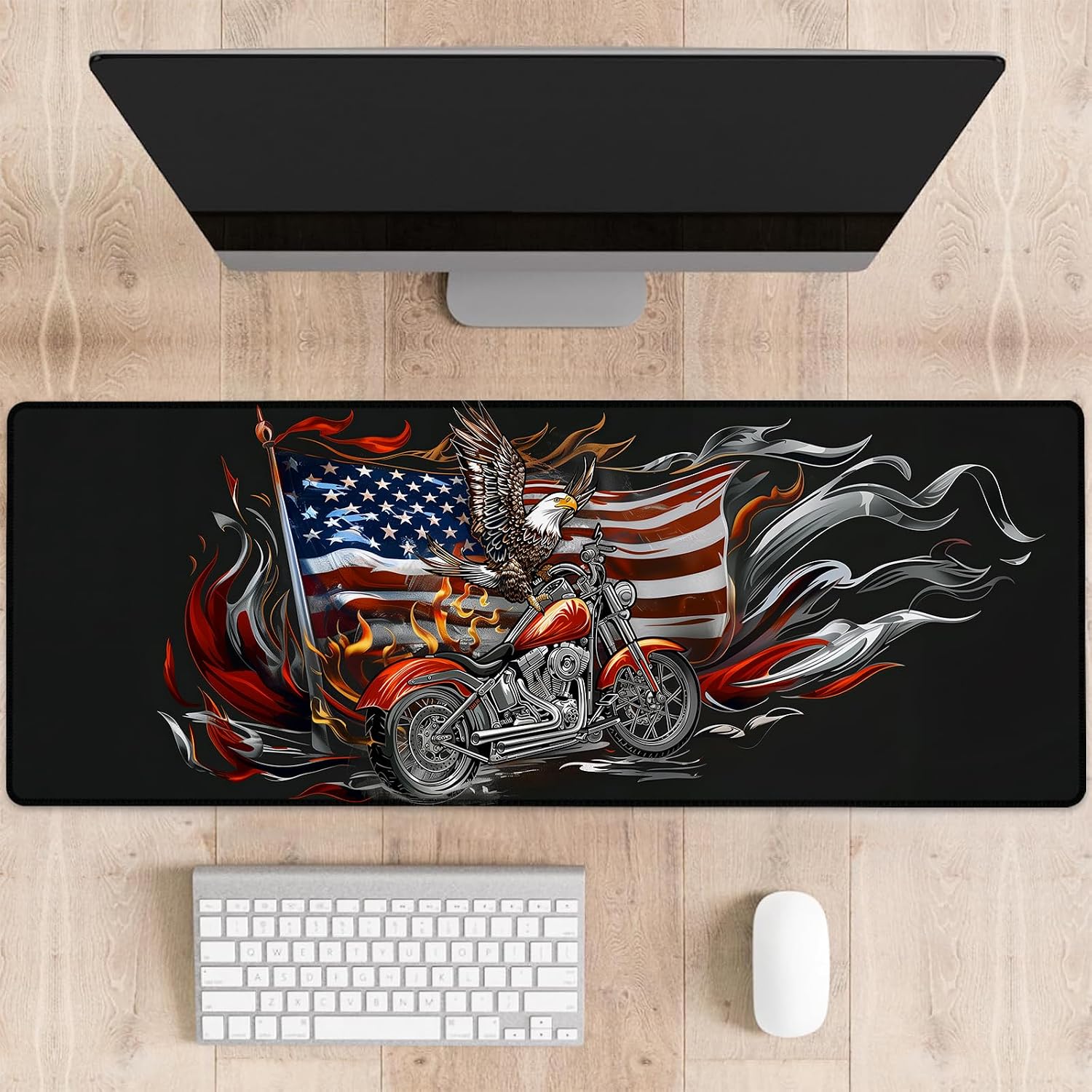 Patriotic Eagle Gaming Mouse Pad, American Flag, Eagles & Motorcycle Large Desk Mat for Computer, Extended Keyboard Laptop Mouse Pads 31.5×11.8in, Non Slip Rubber Mousepad for Decor Gifts