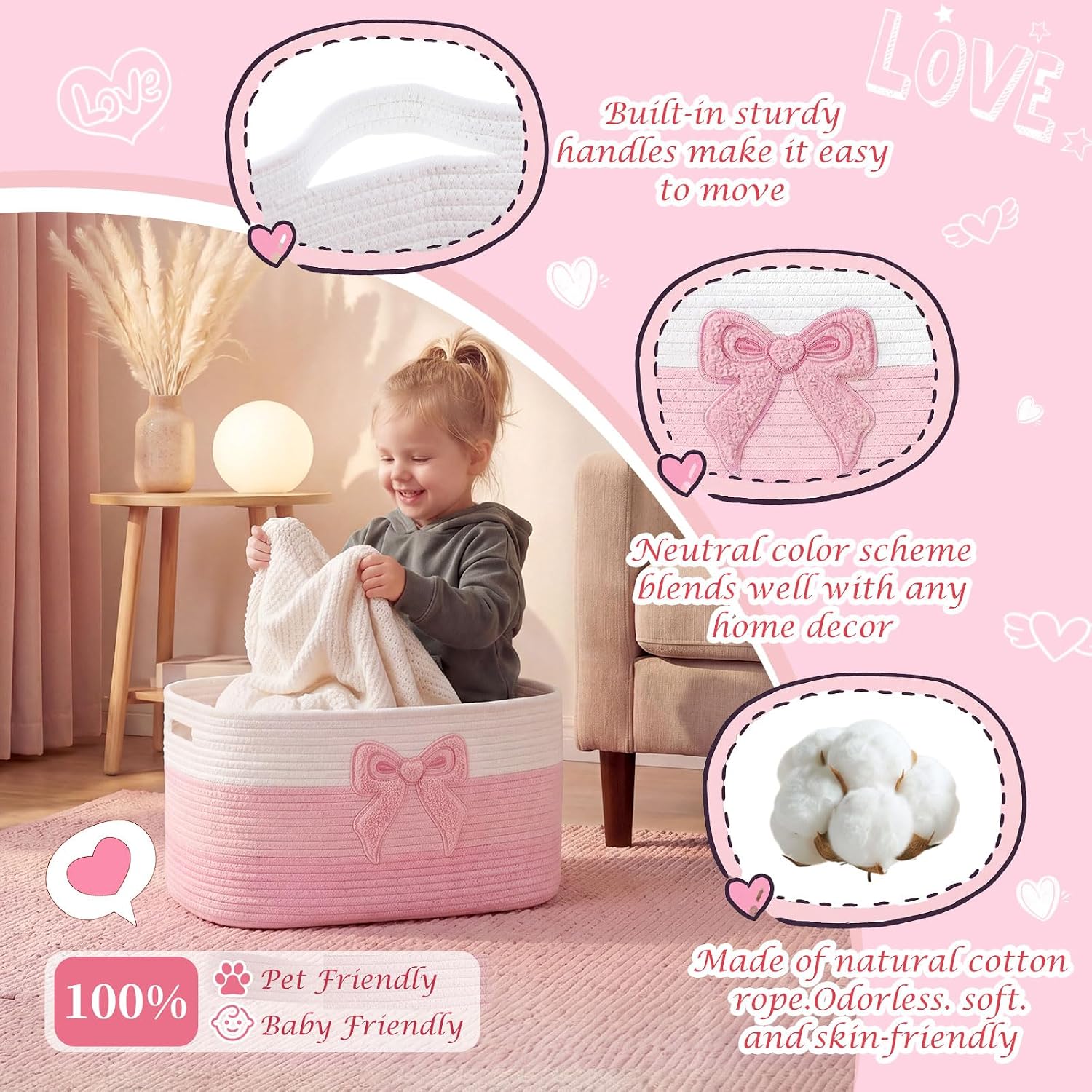 Extra Large Blanket Basket Rectangle Woven Storage Basket with Handle for Storing Dirty Clothes Stuffed Animal Toy Storage for Living Room Bathroom 22" x 15" x 12"(Bow,Pink) image 3