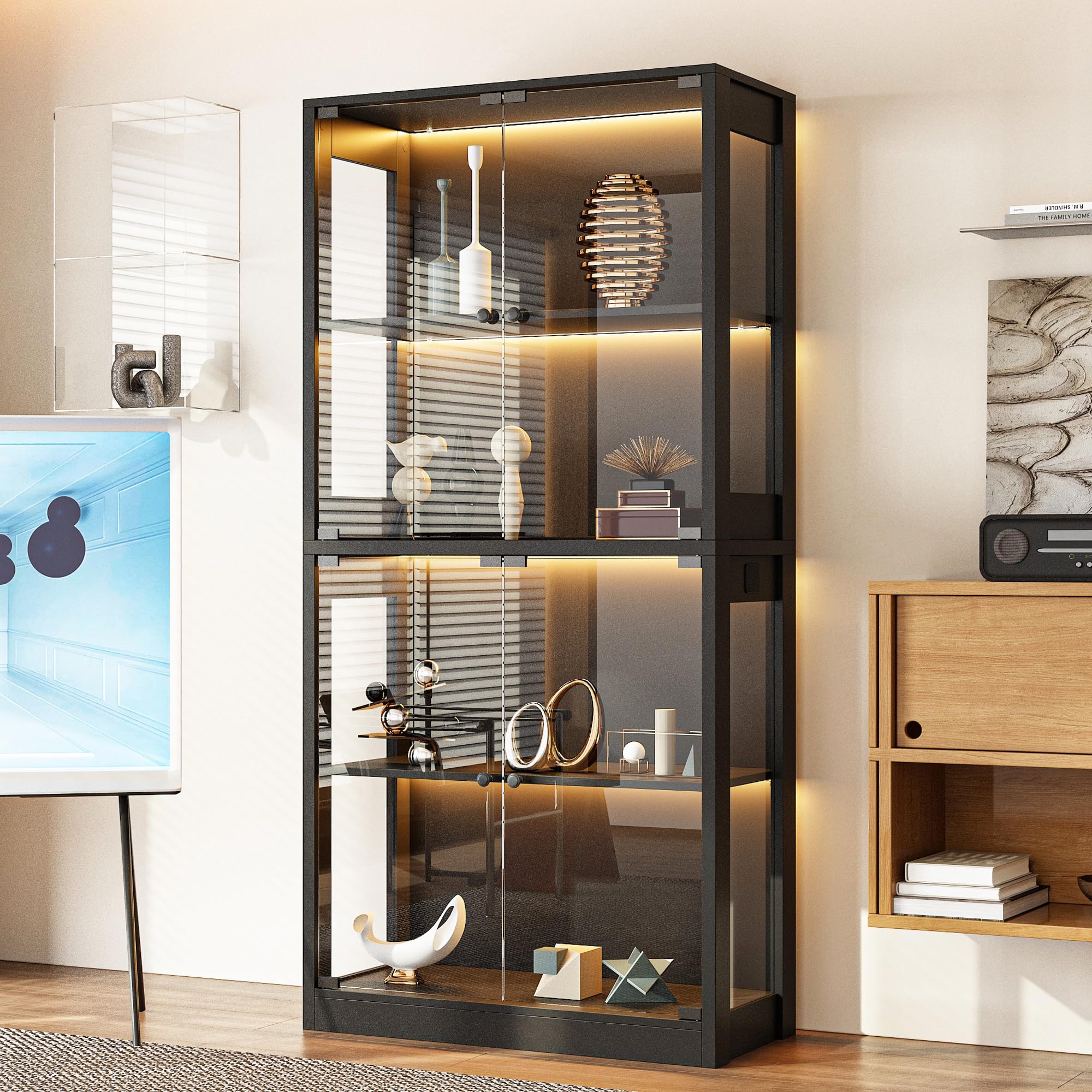 Glasvitrine mit LED Beleuchtung Schwarz - 80x35x165cm Ausstellungsschrank mit 4 Glastüren, 3-Farben Sensor-Licht für Nagelstudio & Wohnzimmer