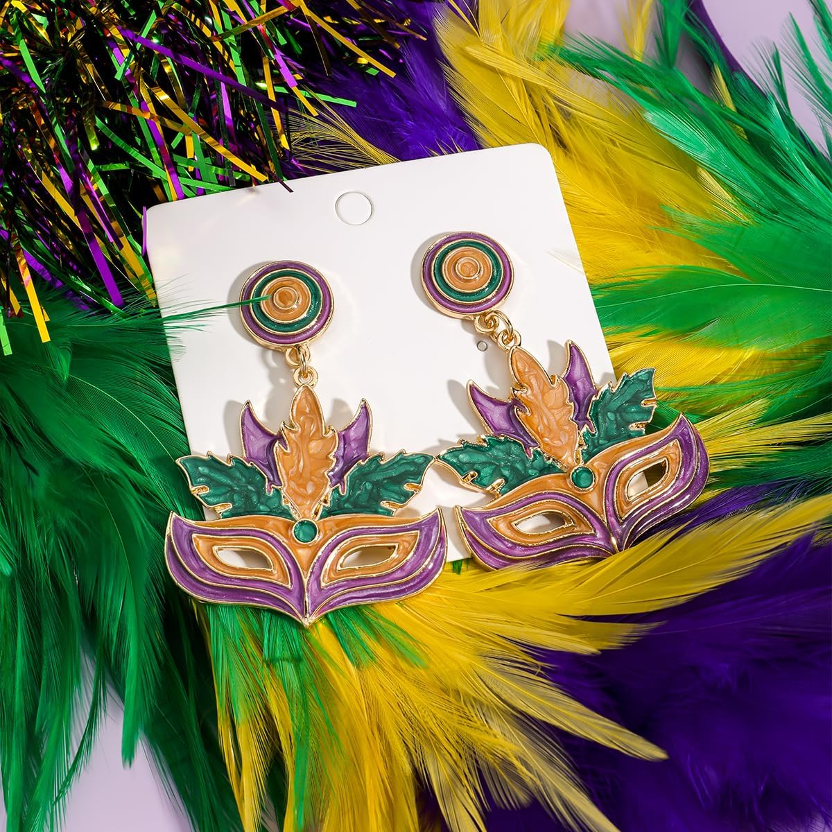 Mardi Gras Mask Hat Earrings for Women, Enamel Carnival Festival Drop Dangle Earrings, Purple Green Gold Party Statement Jewelry Gift - Image 4