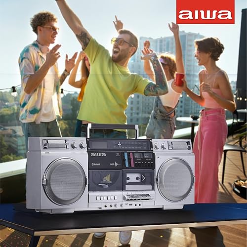 Miniatura 9 de aiwa Reproductor de CD Boombox retro con grabación de cassette, Bluetooth 5.0, radio FMAM, entradas USBSDAUX, medidores VU, pantalla LCD, altavoces
