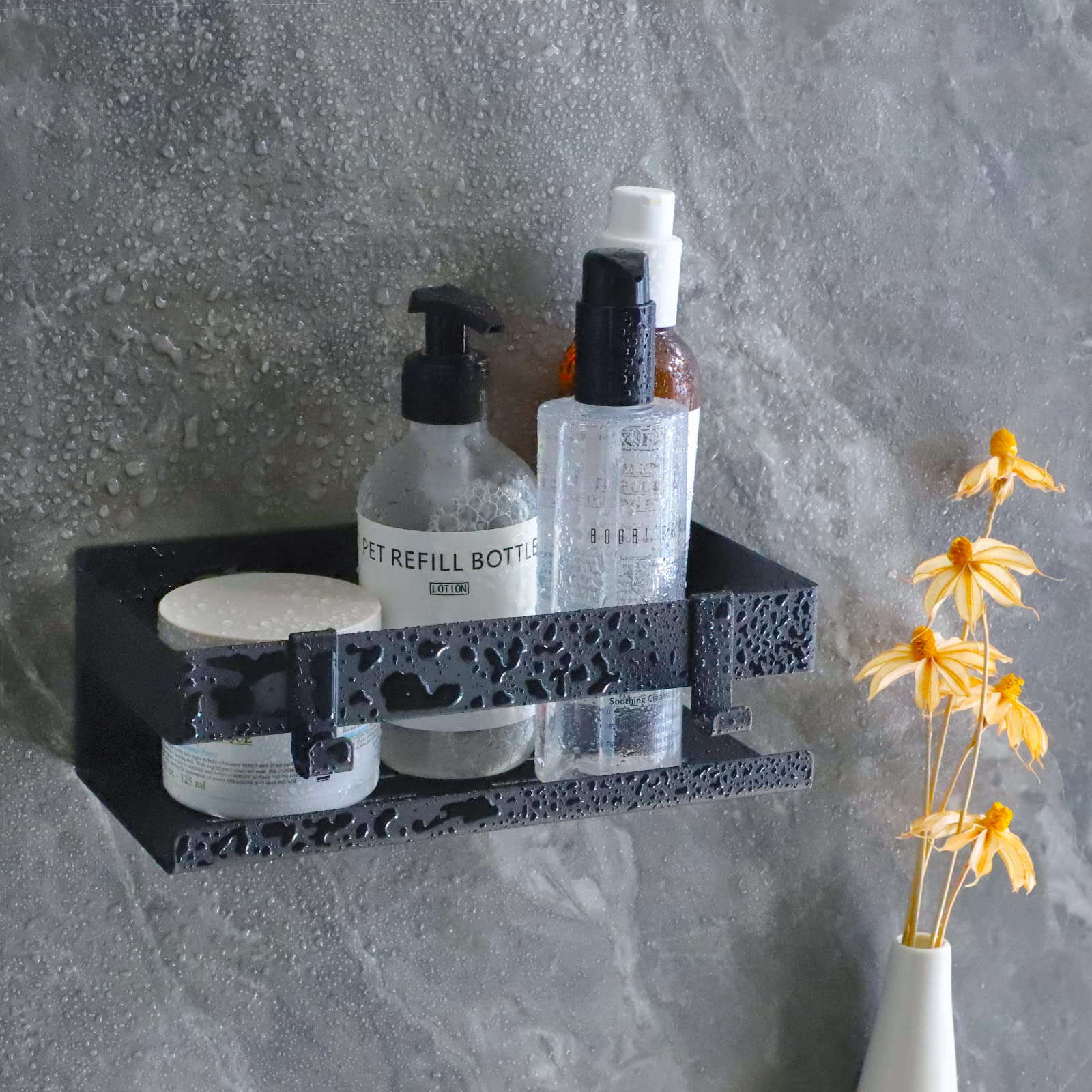 EXLECO 23CM Duschablage Ohne Bohren Duschregal Wand Edelstahl Badregal mit 2 beweglichen Haken Duschkorb Selbstklebende Badezimmer Regal Badezimmer Aufbewahrung für Shampoo und Duschgel Schwarz Küche, Haushalt & Wohnen