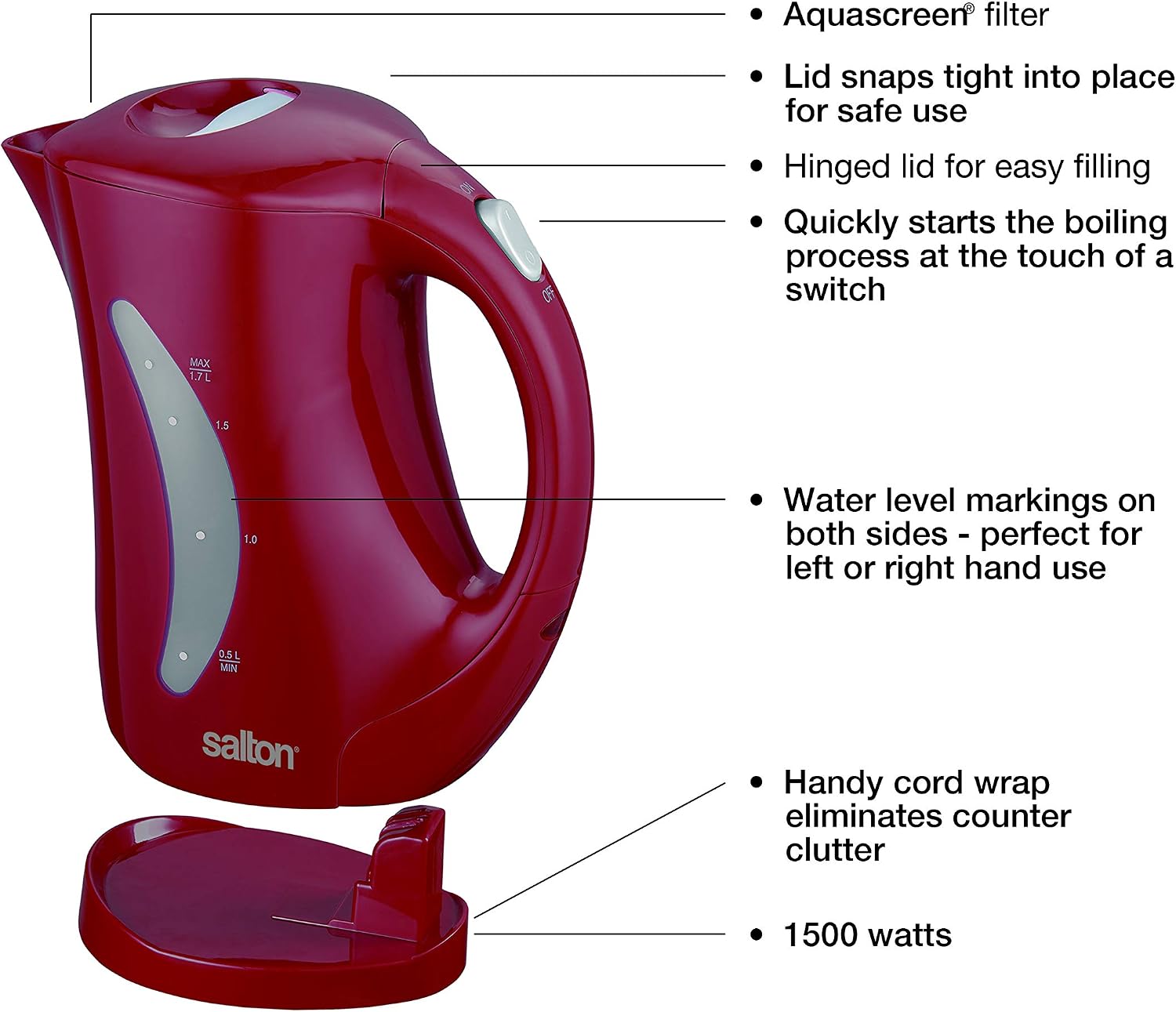 Salton JK1439 Cordless Electric Jug Kettle 1.7-Liter, Red