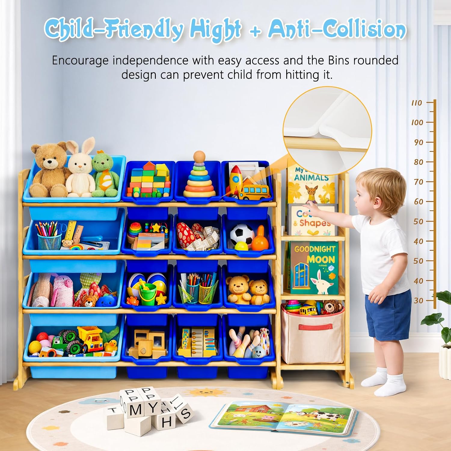 Kids Toy Storage Organizer with Bookshelf – Wooden Shelf with 16 Bins & 3 Shelves, Quick Assembly Storage Rack for Playroom, Bedroom, Nursery - Blue thumbnail