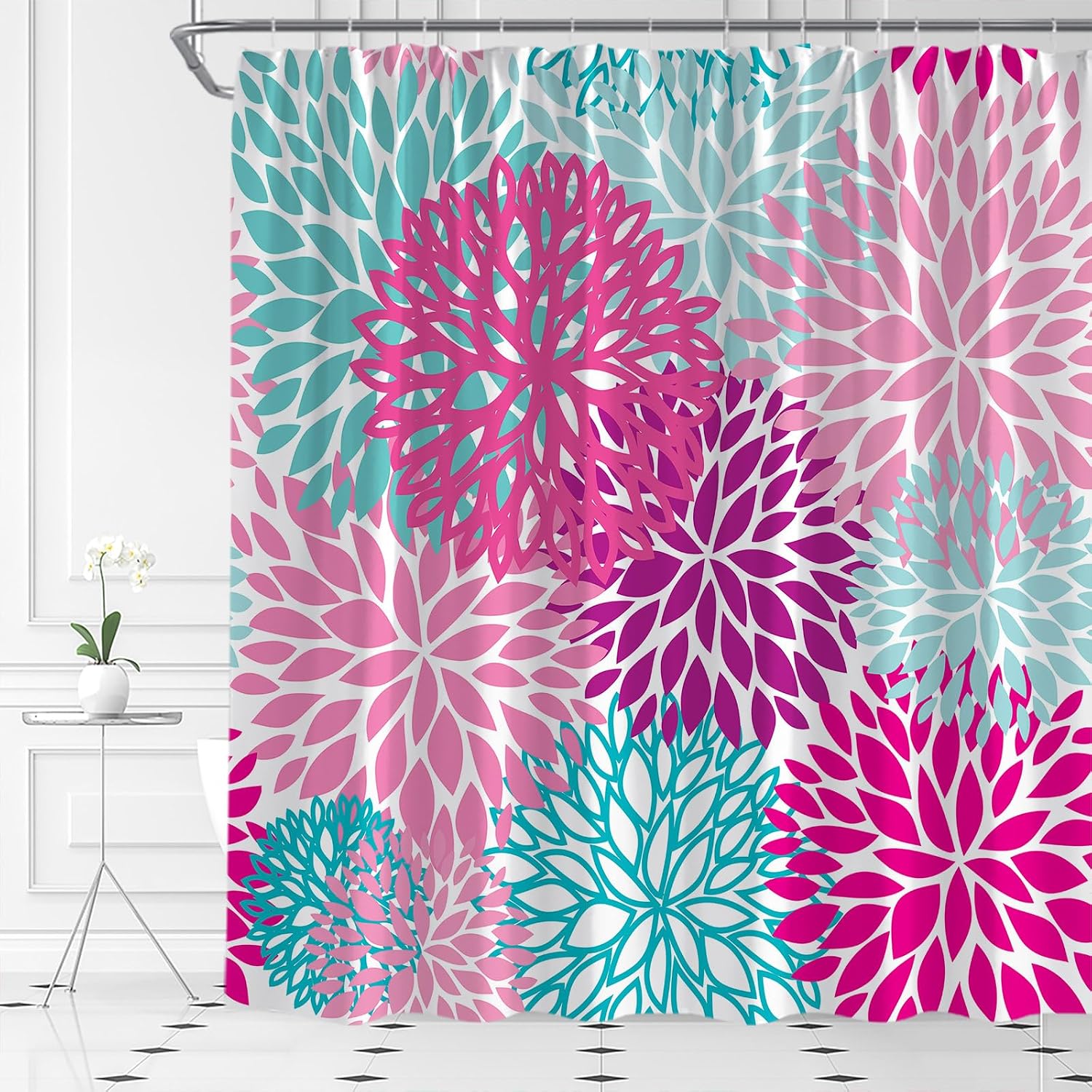 Pink Dahlia Shower Curtain Turquoise Cyan Floral Modern Fashion Geometric Pinnata Fabric for Bathroom Decor Bathtub with Hooks(70" WX70 H)