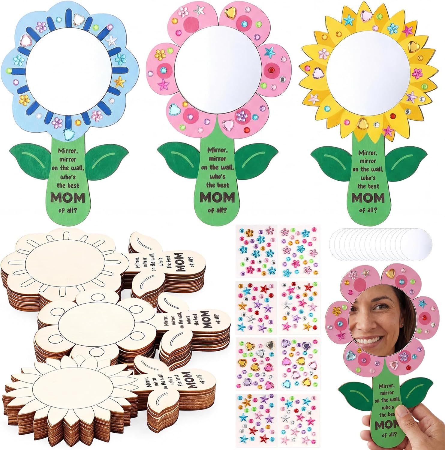 24 Sets Mother's Day Crafts Wooden Mirror Crafts Stickers DIY Paint Your Own Flower Mirror from Daughter Son for Mom Mother's Day Supplies Gifts Art Activities Home Party Table Decoration