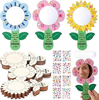 24 Sets Mother's Day Crafts Wooden Mirror Crafts Stickers DIY Paint Your Own Flower Mirror from Daughter Son for Mom Mother's Day Supplies Gifts Art Activities Home Party Table Decoration