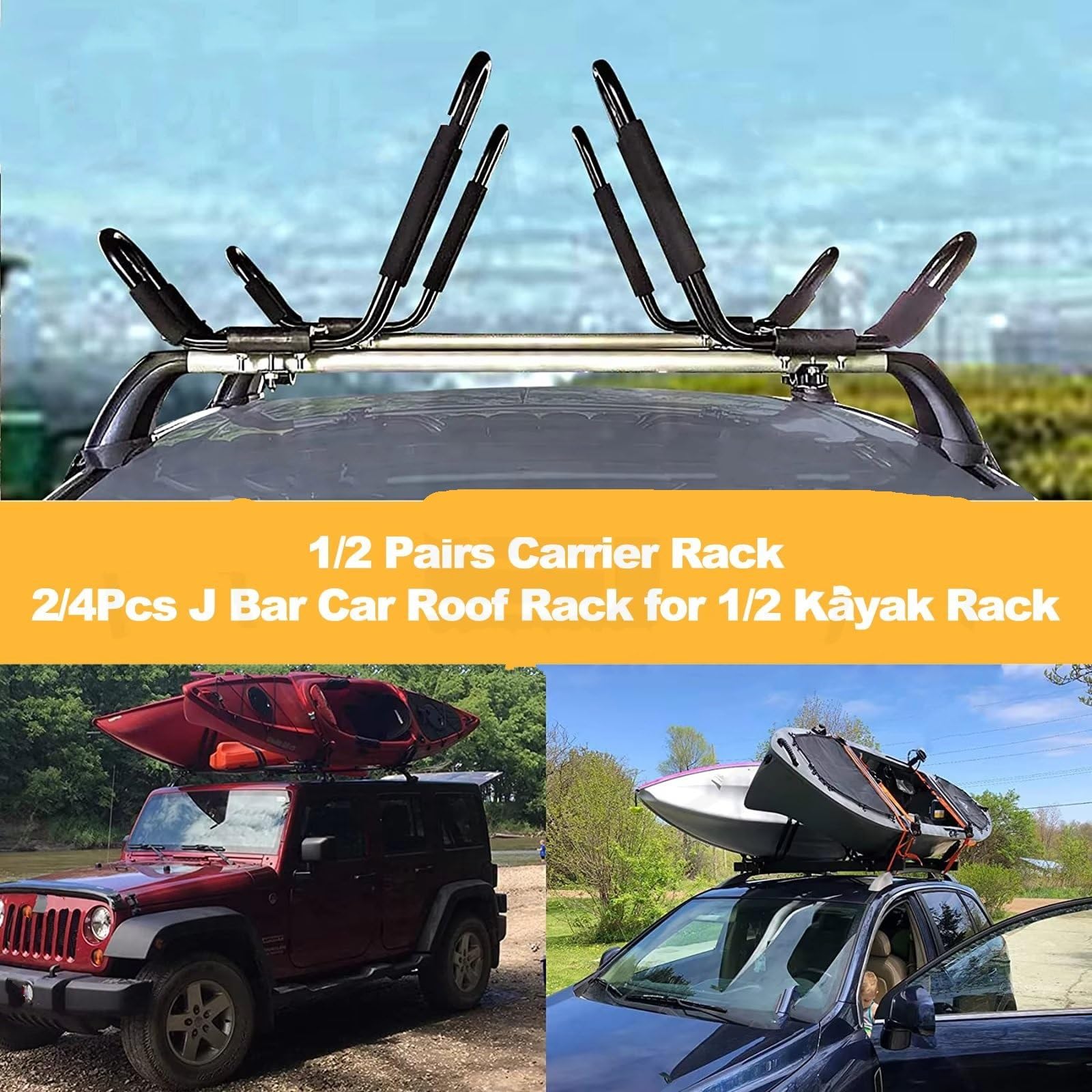 Portaequipajes para Kayak O Canoa Soporte Barra J para Montaje Superior Camioneta Correas Protección Espuma 2 4 Unidades Barras Techo Vehículos(4 pcs)