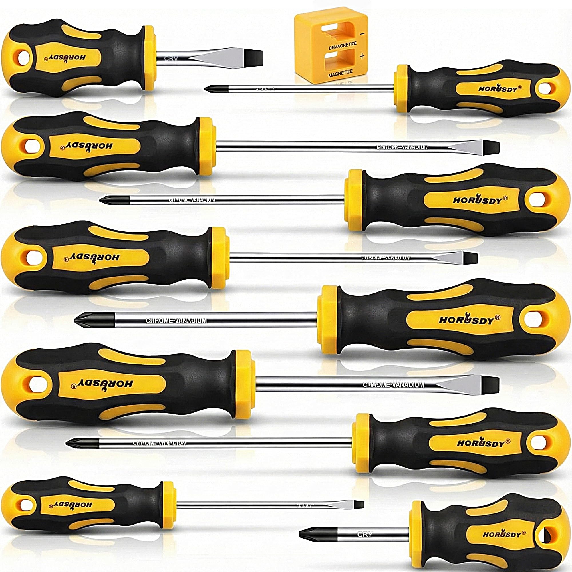 11Pcs Screwdriver Set, Heavy Duty Chrome Vanadium Steel Made, Magnetic Screwdriver with 5 Flat & 5 Cross Head with Magnetize & Demagnetize, Durable Hand Tools in Box