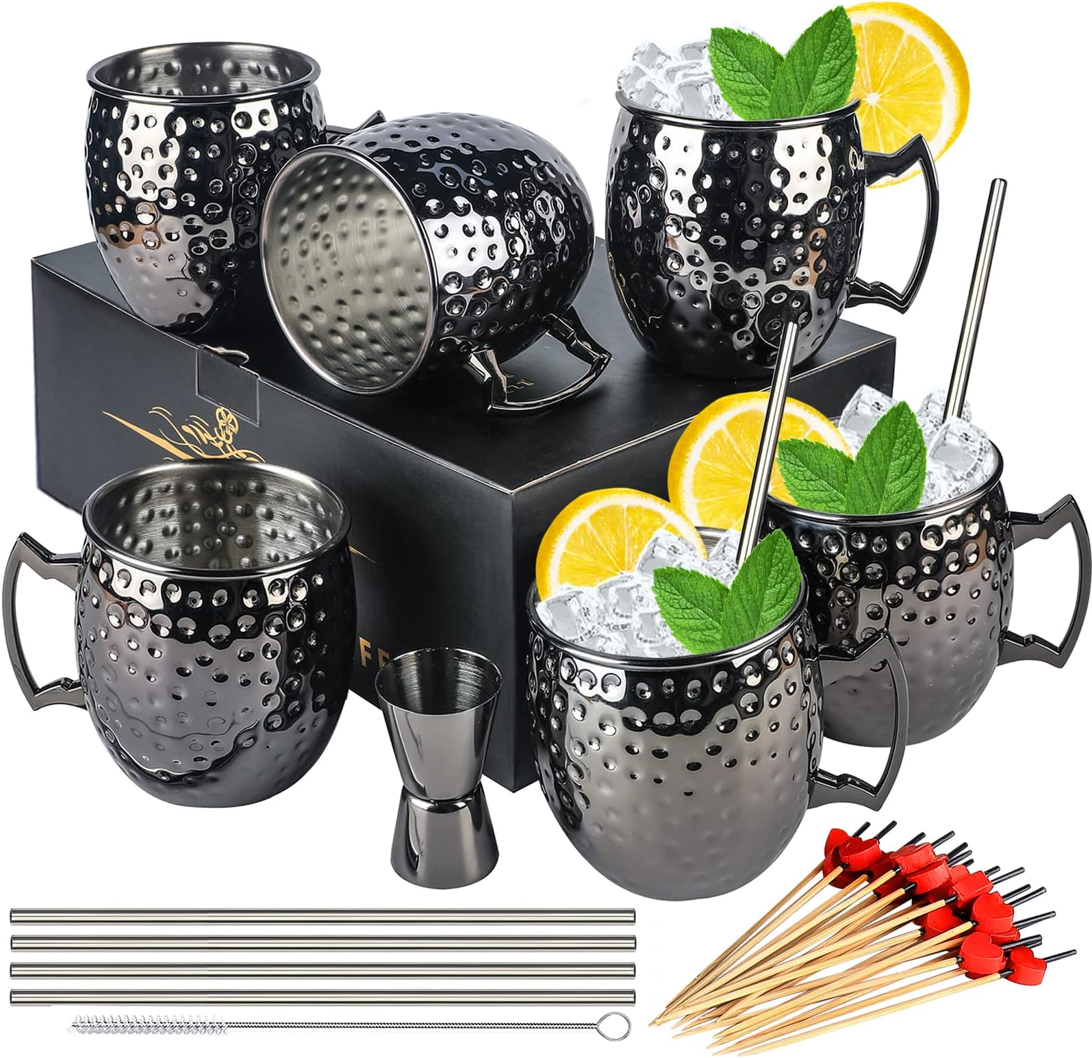 LINALL Moscow Mule Mugs- Set of 6 Gunmetal Black Plated 18oz Stainless Steel Mug Double Jigger Chilled Drink Cocktail Mug (6pcs)