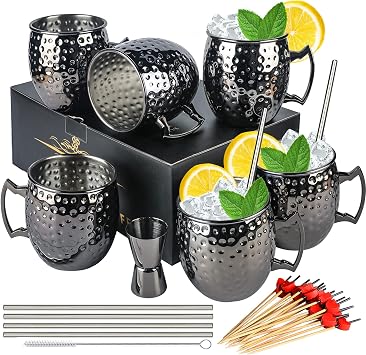 LINALL Moscow Mule Mugs- Set of 6 Gunmetal Black Plated 18oz Stainless Steel Mug Double Jigger Chilled Drink Cocktail Mug 6pcs