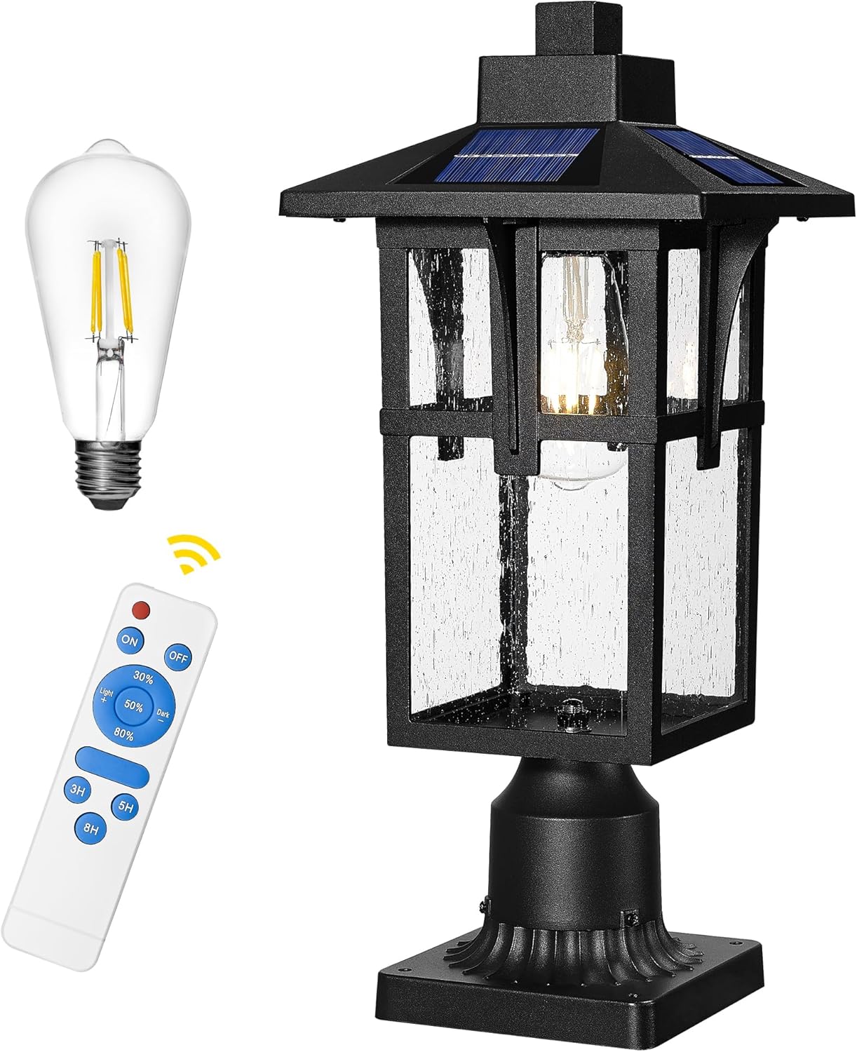 Solar Outdoor Post Light, HWH Dusk to Dawn Solar Lamp Post Light with Pier Mount Base, Exterior Pillar Lantern Pole Lamp with Seeded Glass Shade, 5HX62PM-SL BK Post Light 18 Inch