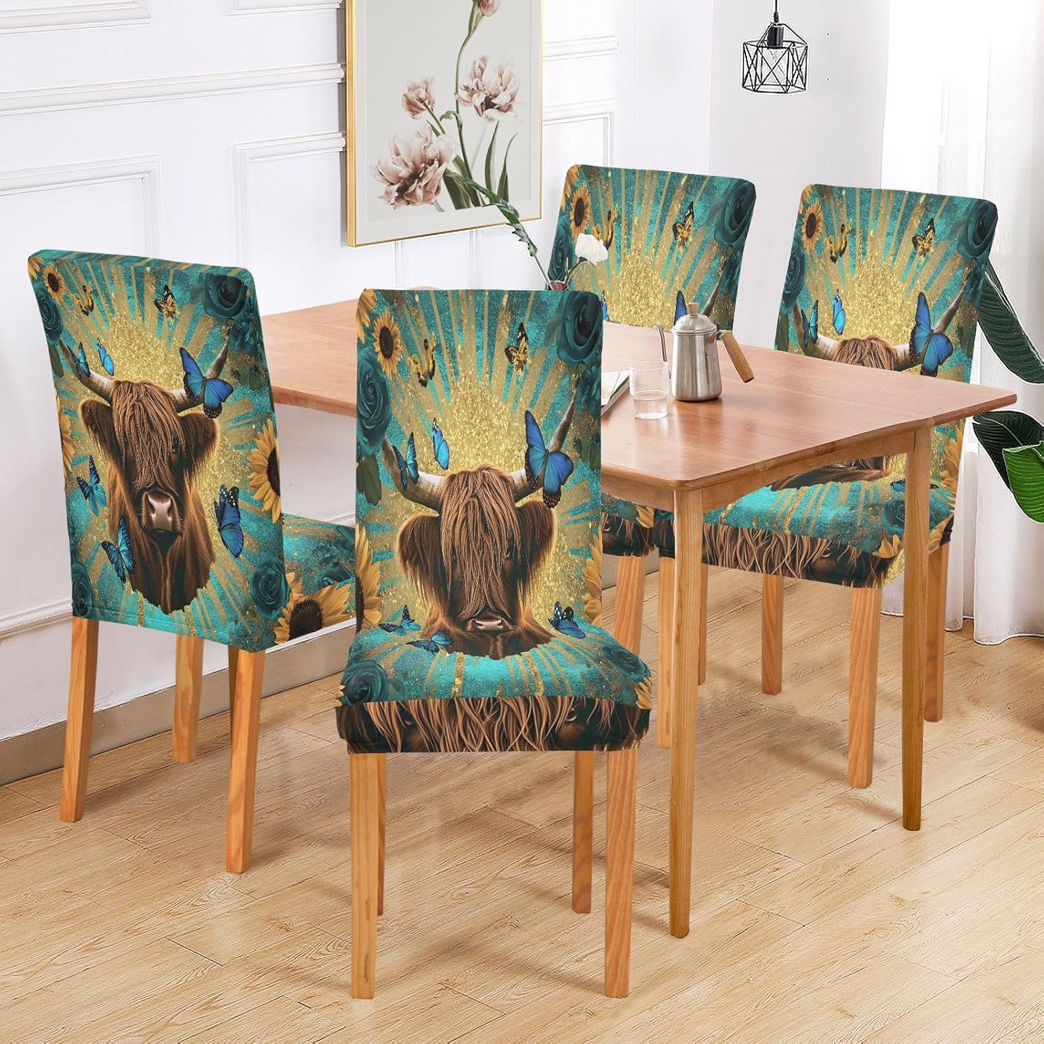 ALAZA Chair Covers for Dining Room, Highland Cow Roses Sunflowers Stretch Chair Cover Sets Chair Protector Removable Washable for Ktichen Restaurant Hotel