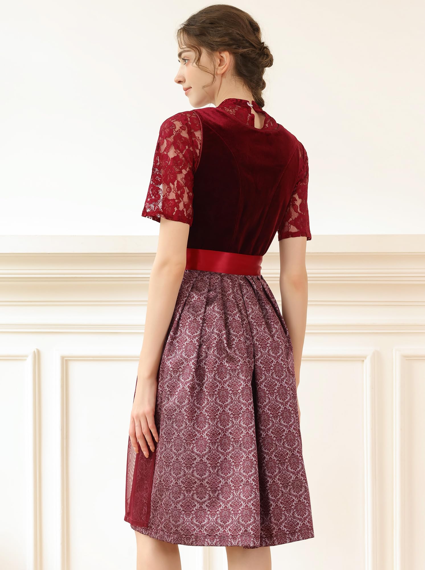 EIISSION Dirndl Damski Oktoberfest Kostium Oktoberfest Kostium Kostium Damski Czerwony Tradycyjna Sukienka midi Trachten Sukienka 3 Pieces Bluzka Fartuch