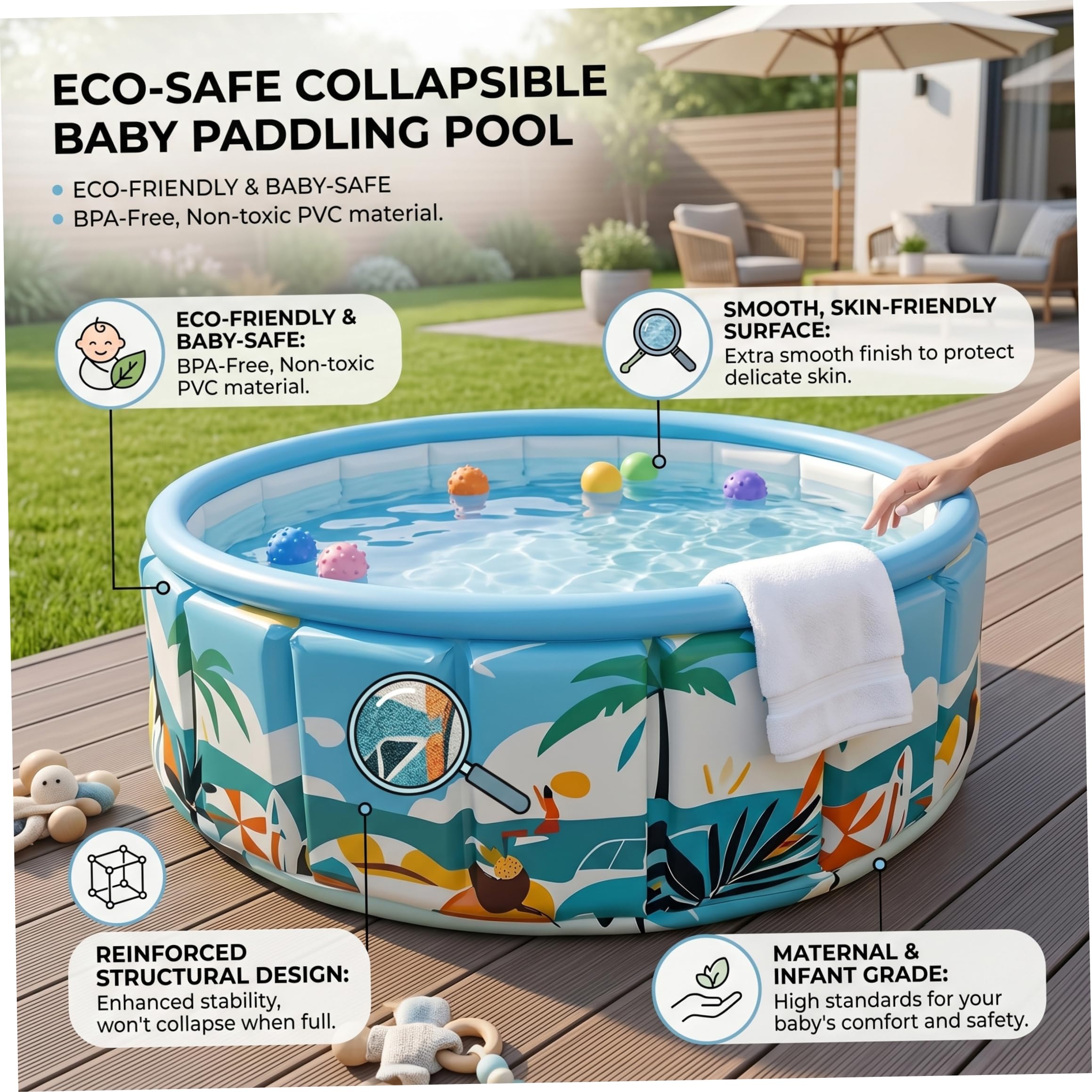 Piscina Plegable, Piscina Plegable no Inflable, fácil configuración con un Solo Clic para niños, niñas, Mascotas, Azul océano, 35, 4 x 17, 7 Pulgadas