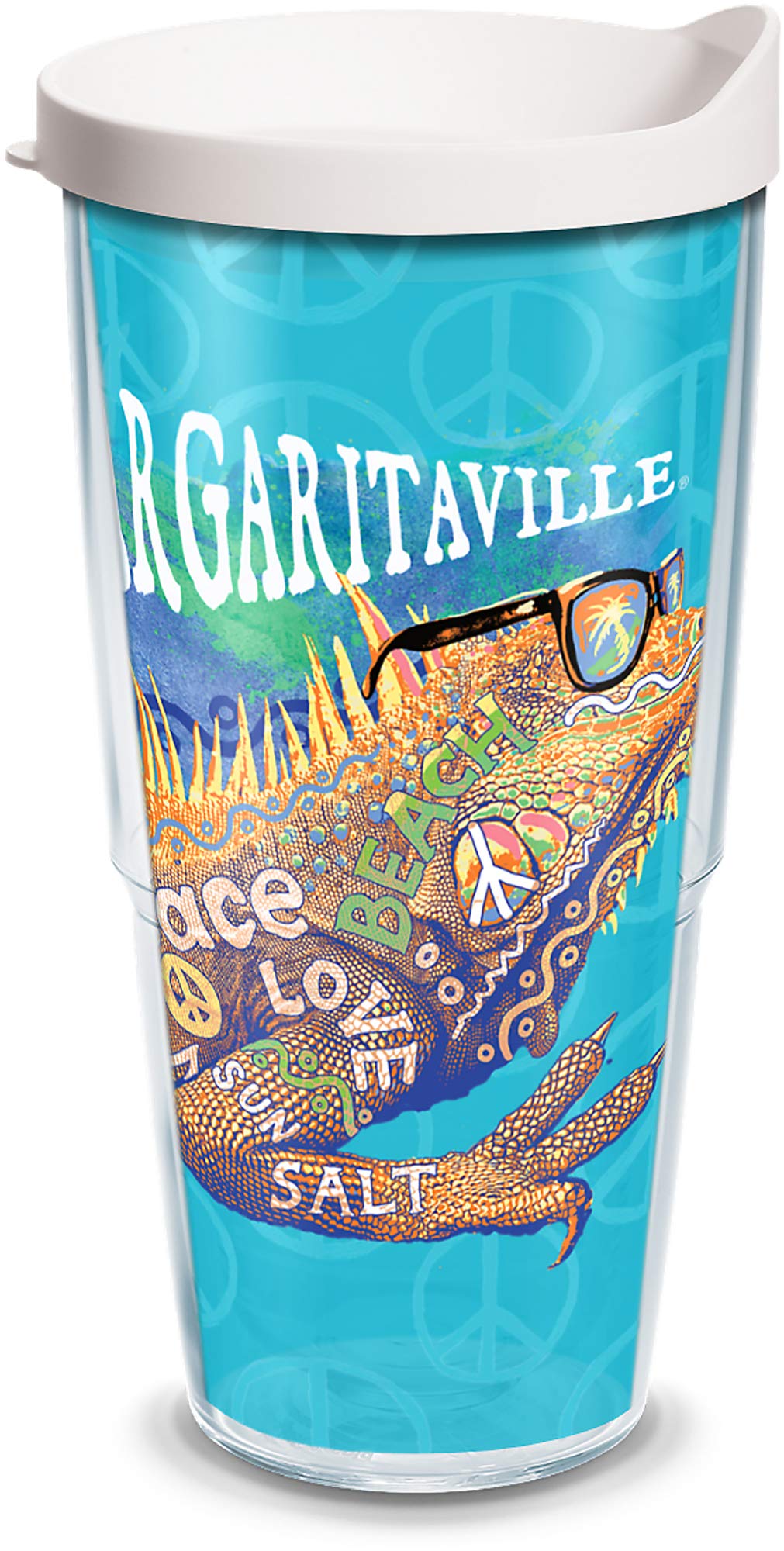 Tervis Margaritaville - 'Peace Love Salt Made in USA' izolowany kubek podróżny z podwójnymi ściankami utrzymuje napoje zimne i gorące, 680 ml, przezroczysty