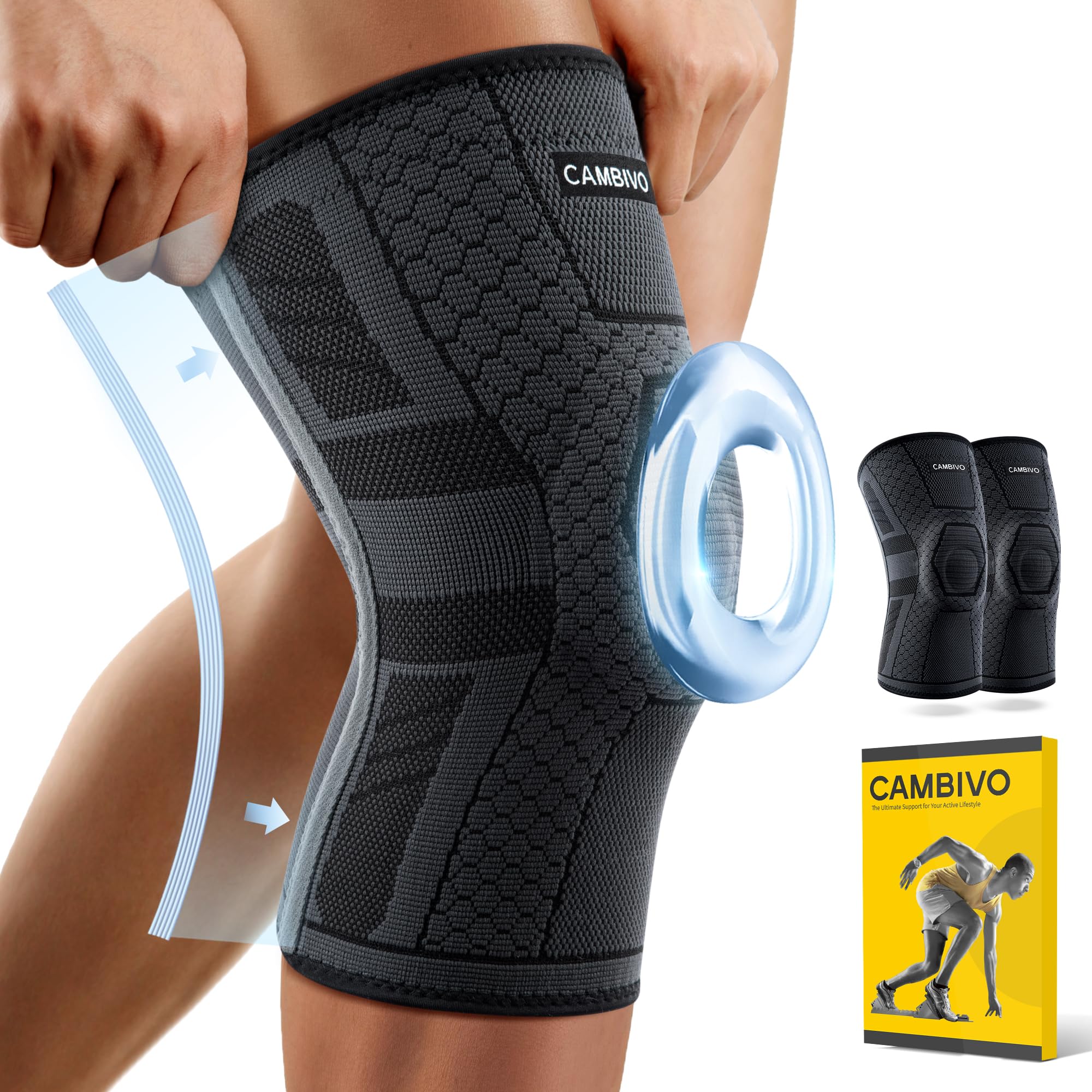CAMBIVOKnee Support Men Women 2 Pack, Upgraded Knee Brace Compression Sleeve with Side Stabilizers Patella Gel Pad, Knee Pads for Weight Lifting, Squats, SportsOEKO-TEX STANDARD 100