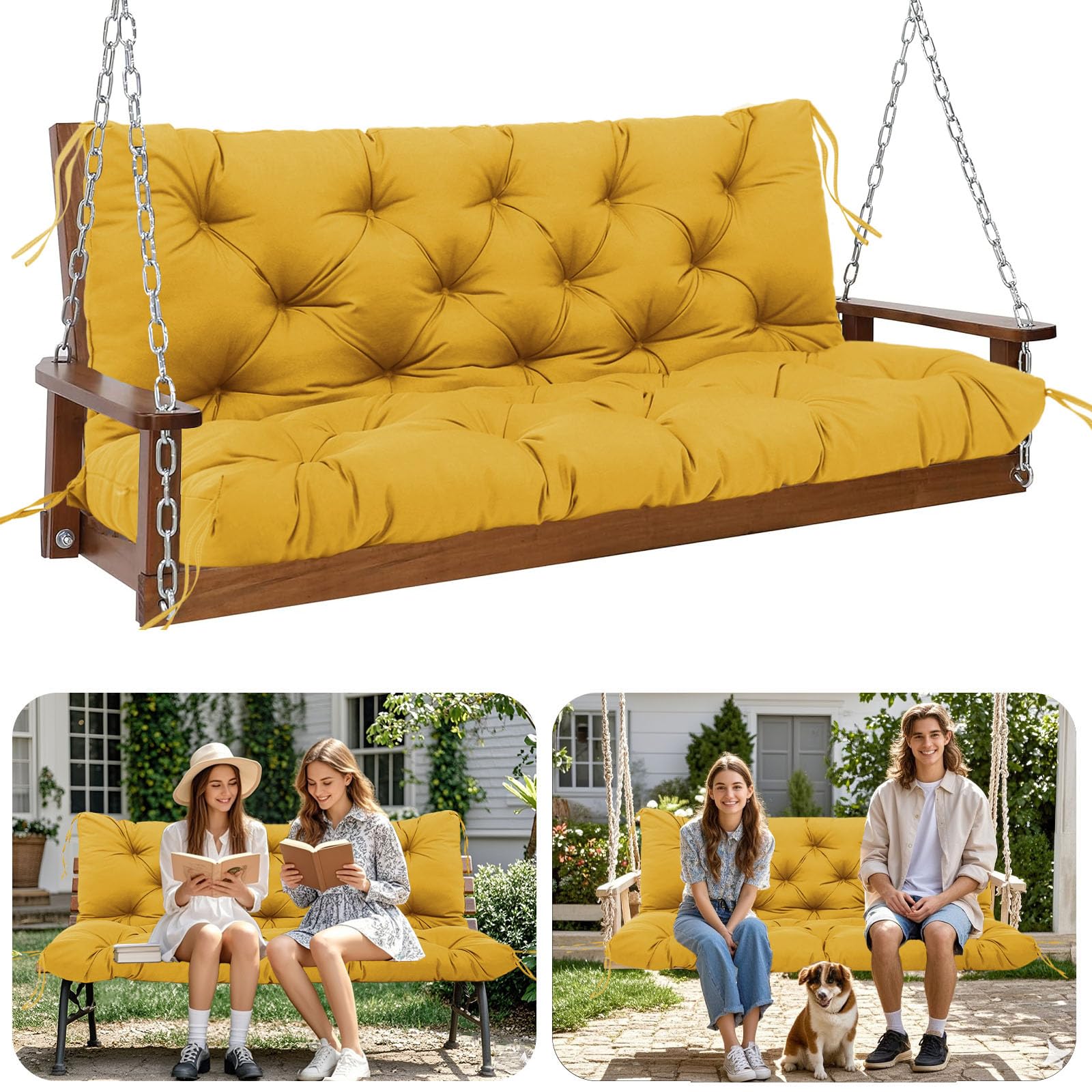 HZMGPCM Premium 5"Thick Waterproof Outdoor Swing Cushions Sturdy Durable 2-3 Seat Replacement Porch Swing Cushions with Backrest&Ties Bench Cushion for Outdoor Furniture Backyard Patio(Yellow60x40in)