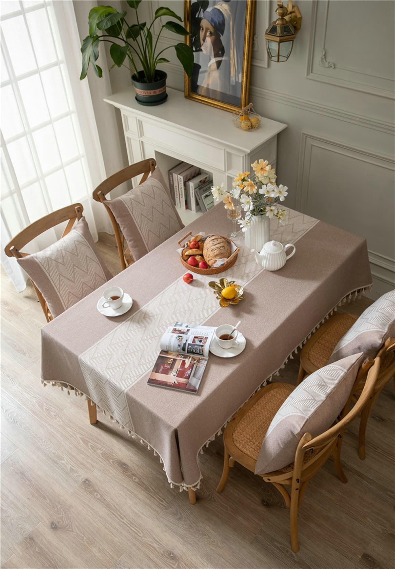 Gualiy Manteles Tela Mesa Rectangular, Poliéster Algodón Mantel Comedor 140x220CM Manteles Mesa Antimanchas Rayas Onduladas con Borlas Mantel para Mesa Cocina, Caqui