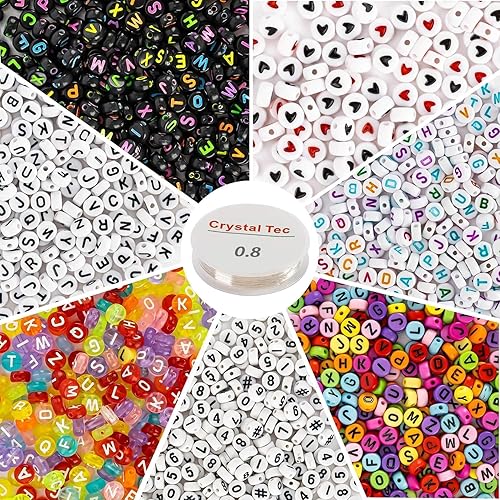 1900 Pcs 7 Colors Round Letter Beads for Bracelets - Sukh 4×7 mm Alphabet Number Letter Beads Bulk with 1 Roll Elastic String for Jewelry Making DIY Bracelets Necklaces Key Chains