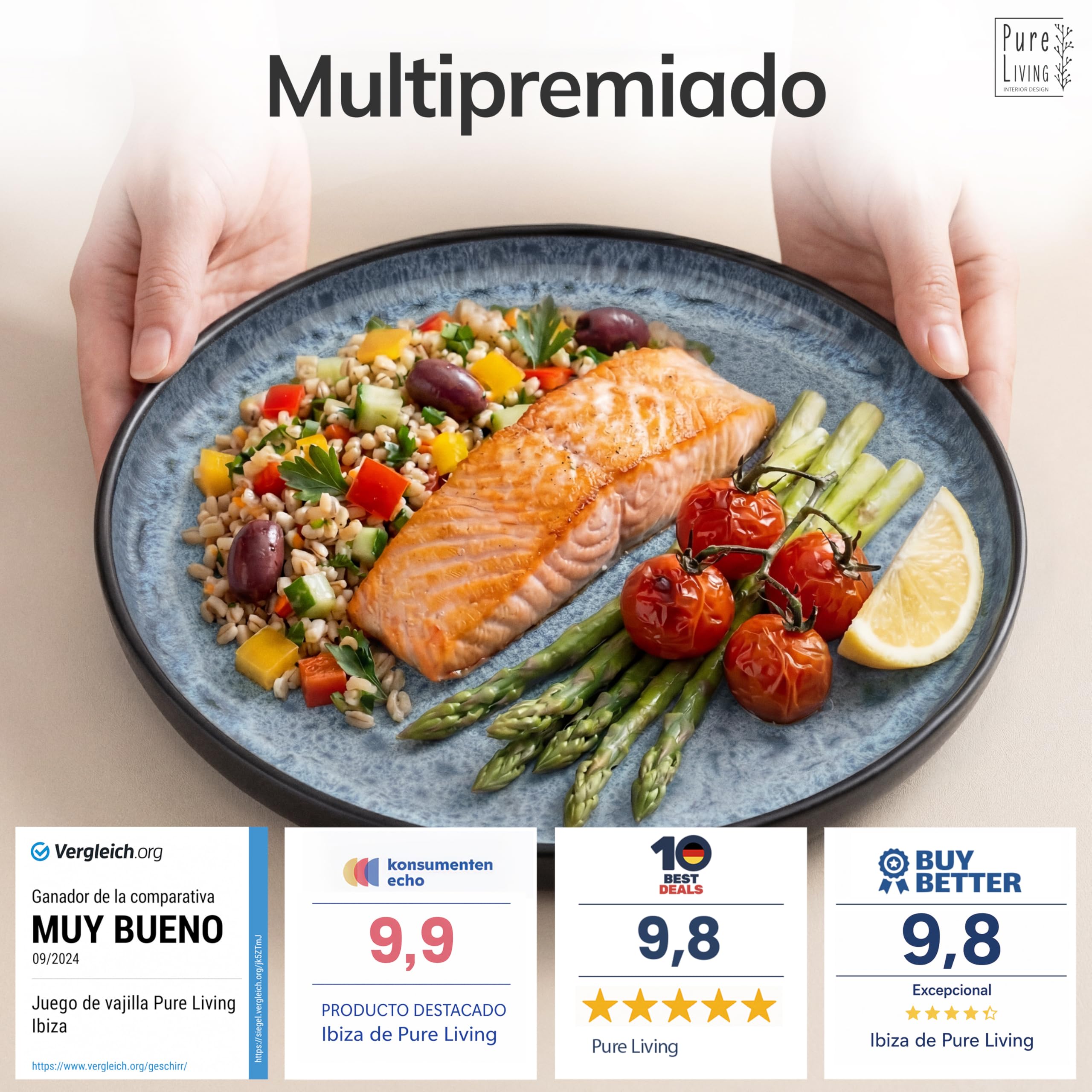 Juego de 6 Platos Grandes de Gres Ibiza - Elegantes Platos para Comida, Apto para Lavavajillas y Microondas - Set de Vajilla para 6 Personas - Pure Living en azul humo
