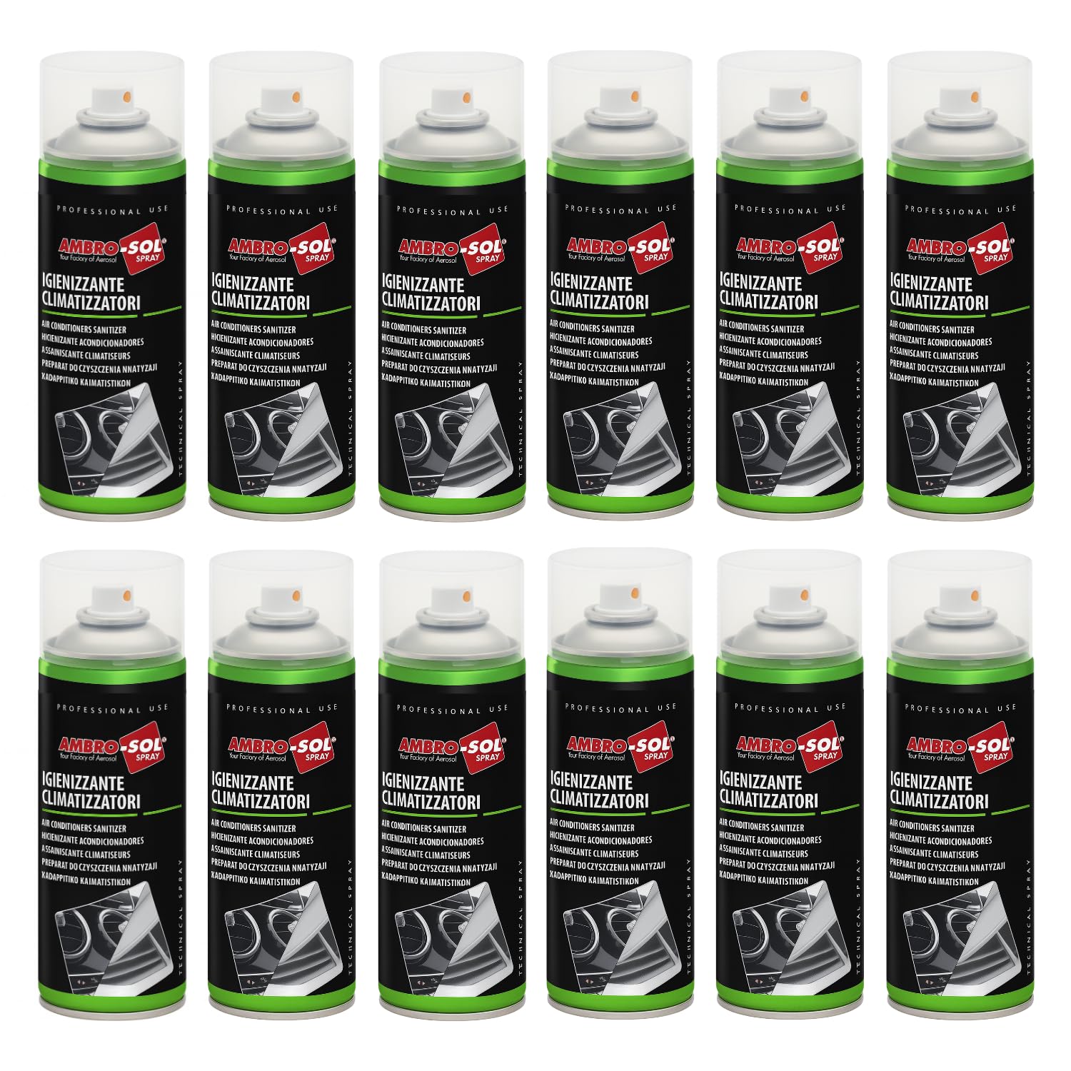 12 Bombolette Igienizzante climatizzatori 400 ml Climatizzatore Igienizzante Virus, Batteri, Spray, Climatizzatore Auto, Battericida e Fungicida + Cannuccia di 60 cm