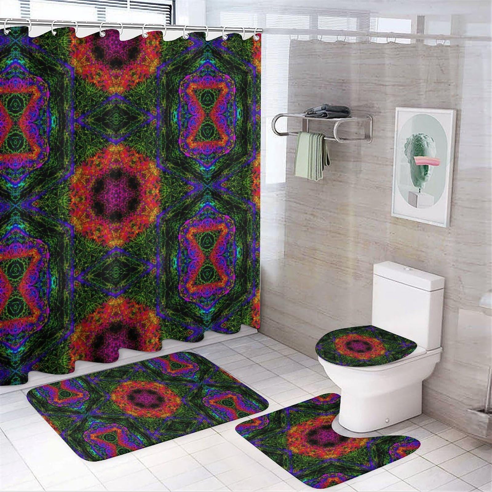 Wlntrophic Bathroom Mat Set 4 Piece, Psychedelic Kaleidoscope Shower Curtain with Non-Slip Bath Mats for Bathroom
